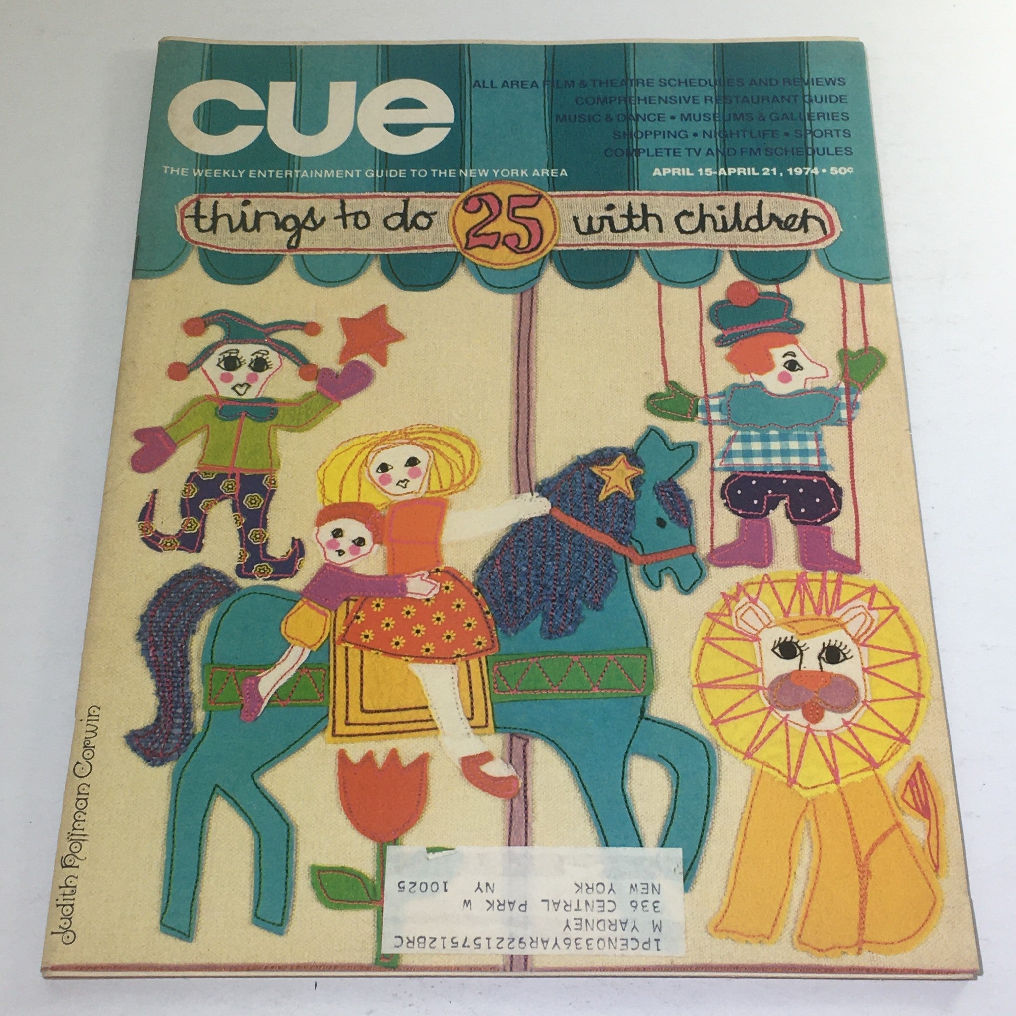 Cue Magazine: April 15-21 1974 cover featuring colorful illustrations of children and animals, promoting '25 things to do with children' theme, designed by Judith Hollman Corwin.
