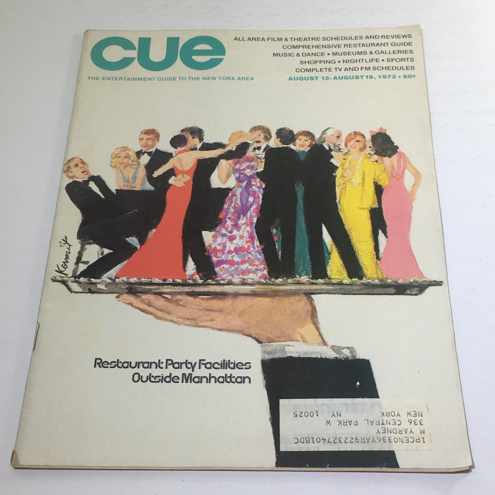 Cue Magazine cover from August 13-19, 1973, featuring an illustrated scene of elegantly dressed individuals at a party with the headline 'Restaurant Party Facilities Outside Manhattan.'