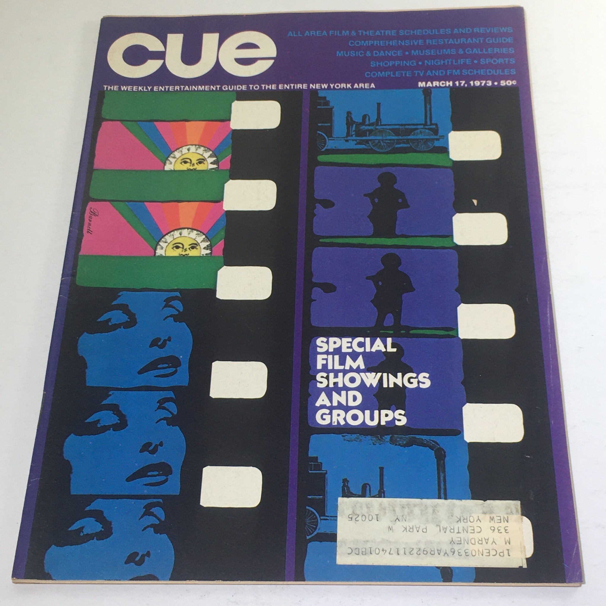 Cue Magazine, March 17, 1973 - Special Film Showings and Groups. The cover features colorful film reel graphics, showcasing a vintage design with illustrations of cinema themes. Ideal for collectors and film enthusiasts.