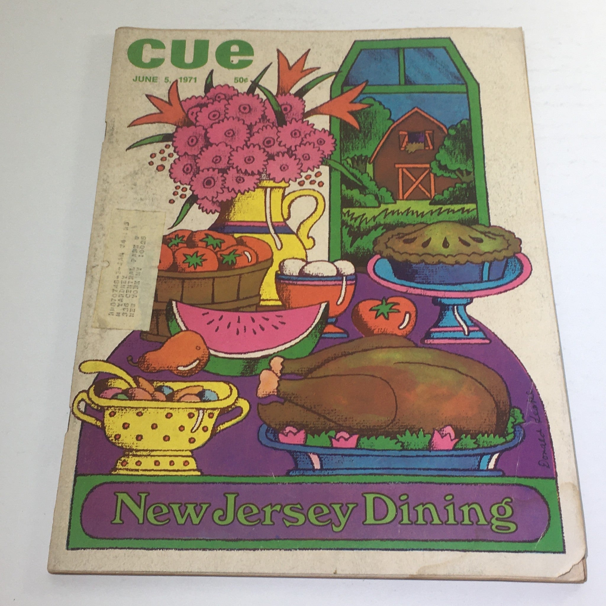 Cue Magazine: June 5 1971 cover featuring colorful illustrations of food and flowers, with the title 'New Jersey Dining' and artist signature 'Donald Leake'.