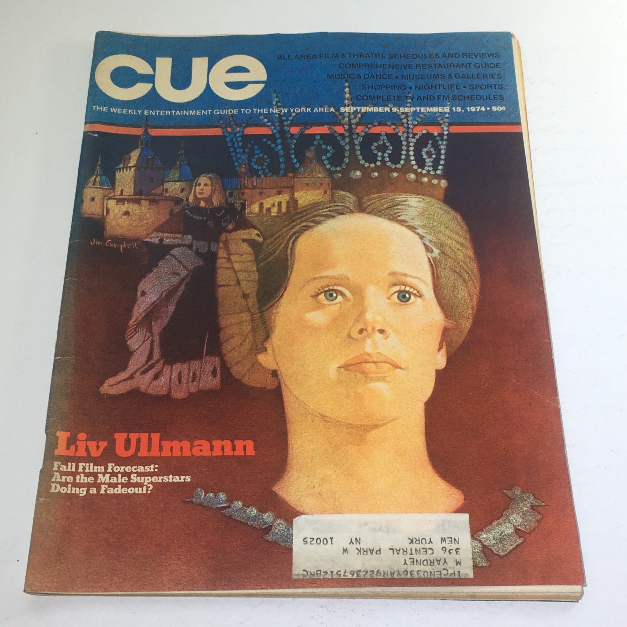 Cue Magazine cover featuring Liv Ullmann, September 15, 1974, with artwork by Jim Campbell, showcasing a portrait of Ullmann and a captivating backdrop.