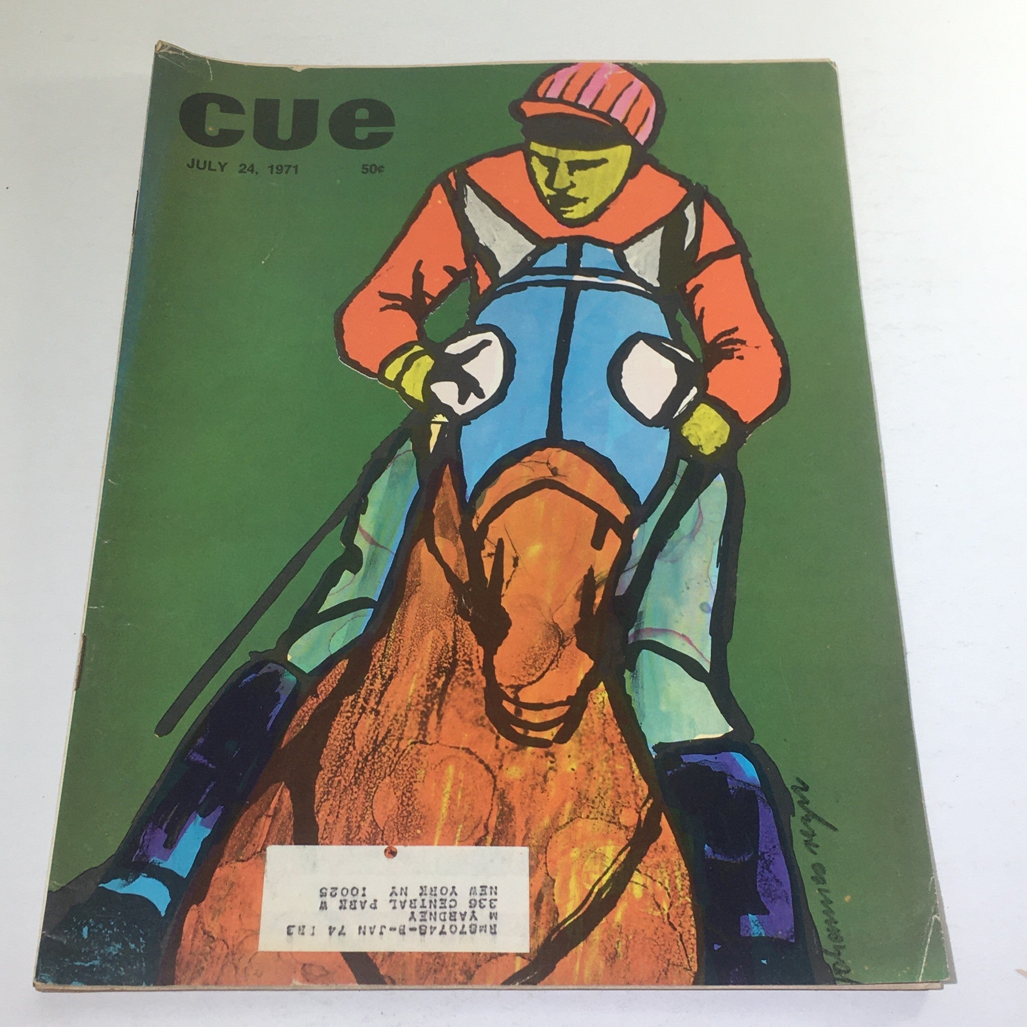 Cover of Cue Magazine from July 24, 1971, featuring a colorful illustration of a jockey riding a horse against a green background. This vintage collectible magazine is themed around horse racing, showcasing iconic artwork.