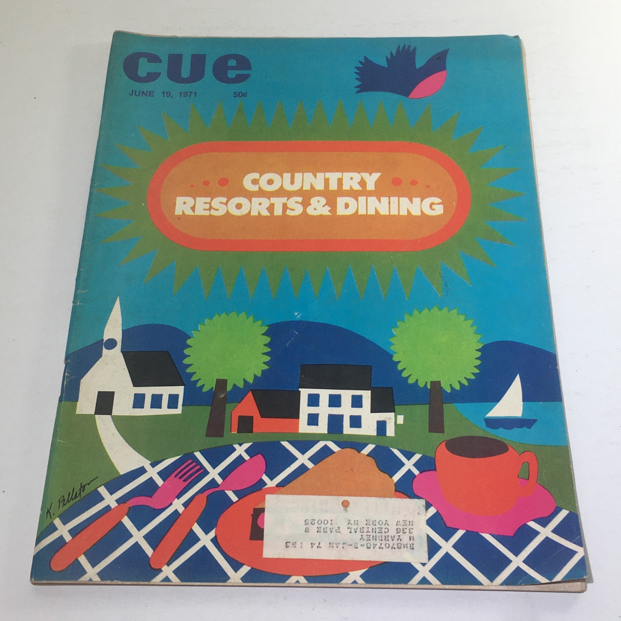 Cover of Cue Magazine: June 19 1971 featuring a vibrant illustration of country resorts and dining, designed by K. Pellato. The cover showcases colorful landscapes with buildings, trees, and a kitchen table setting.