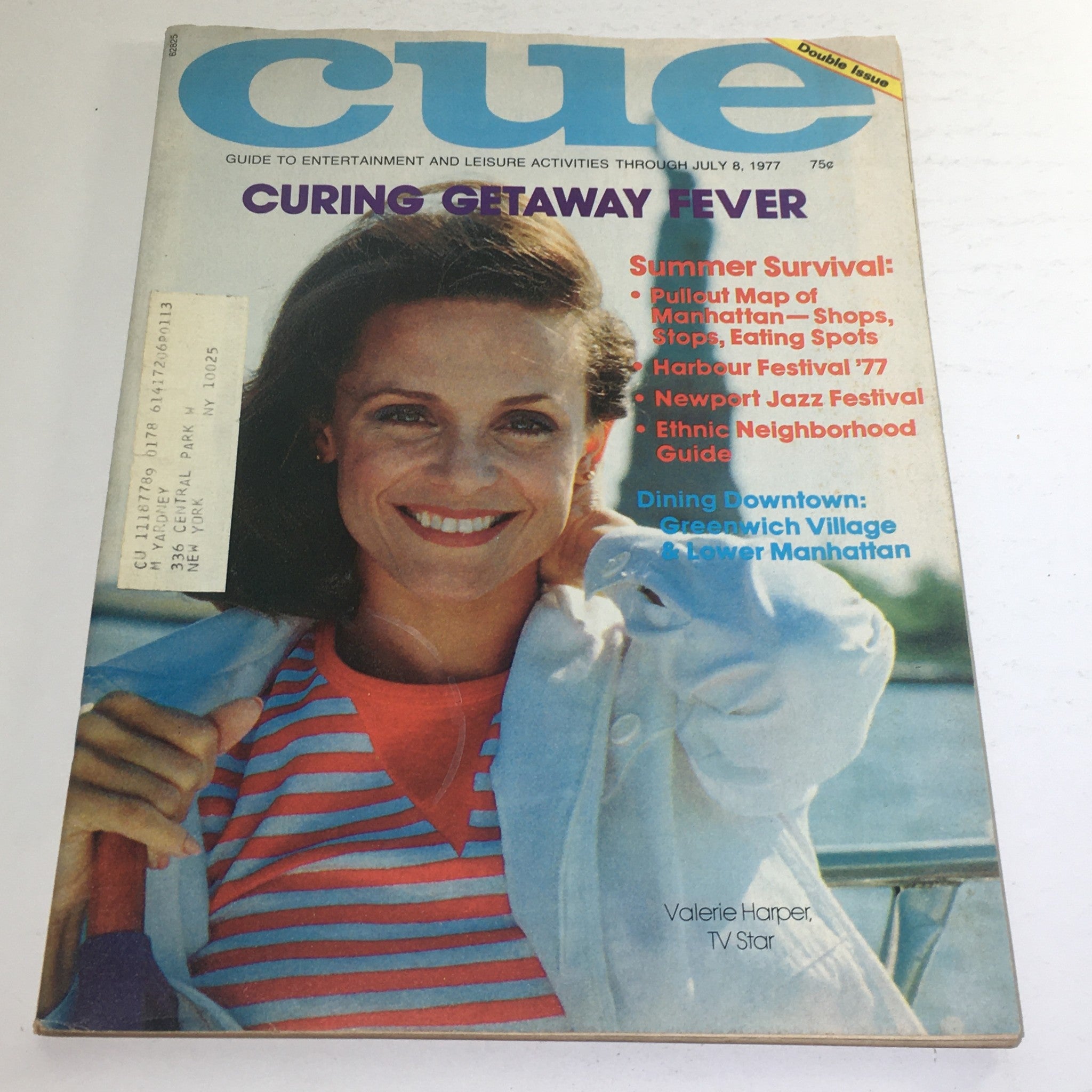 Cue Magazine from July 8, 1977 featuring the title 'Curing Getaway Fever' with a photo of Valerie Harper, a TV star. The magazine highlights summer activities, including festivals and dining guides in Manhattan.
