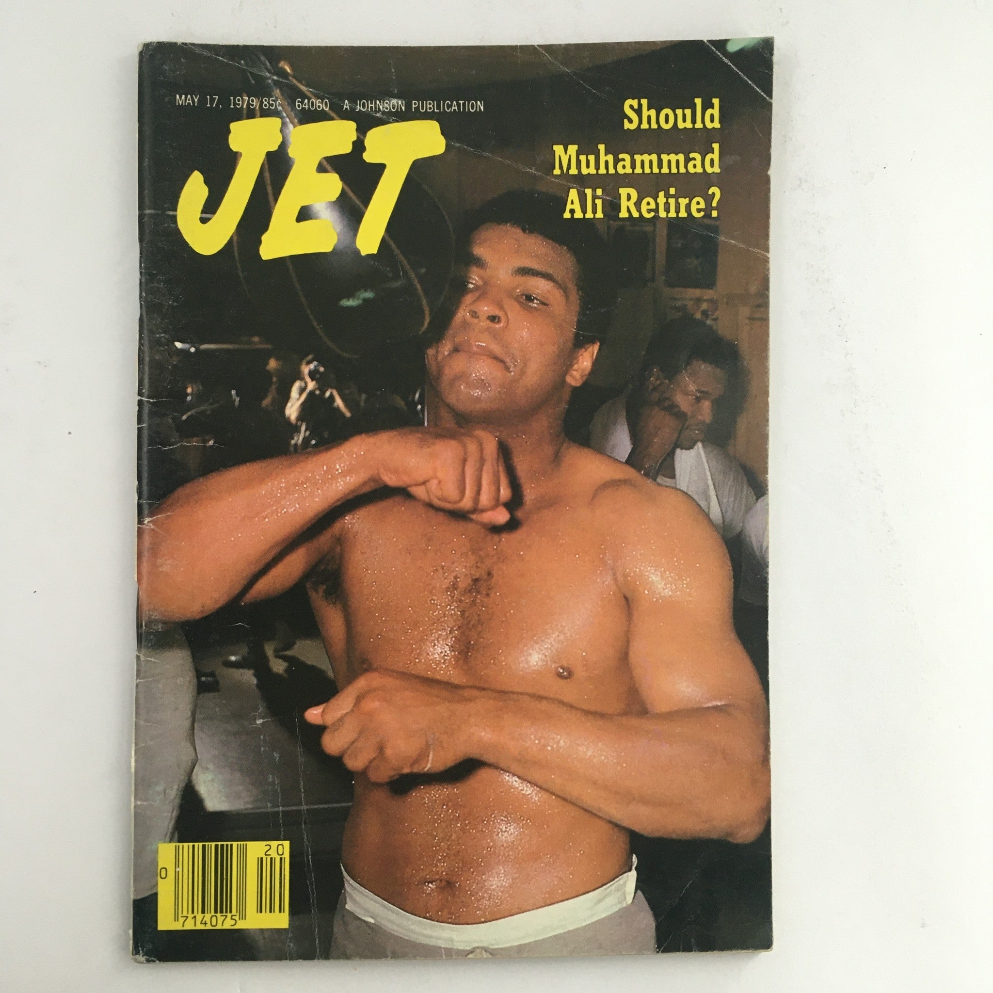 Cover of Jet Magazine May 17, 1979, featuring a young Muhammad Ali in a training environment, posing the question 'Should Muhammad Ali Retire?'. This iconic issue encapsulates a pivotal moment in boxing history.