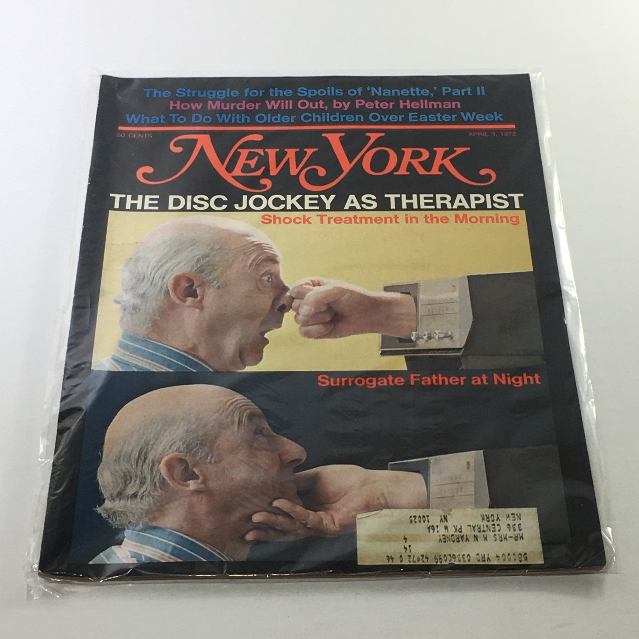 New York Magazine cover from April 3, 1972, featuring the article 'The Disc Jockey As Therapist' and 'Shock Treatment in the Morning.' The cover illustrates a humorous scene where a man appears shocked as another man's fist approaches him, symbolizing the unexpected therapy method.