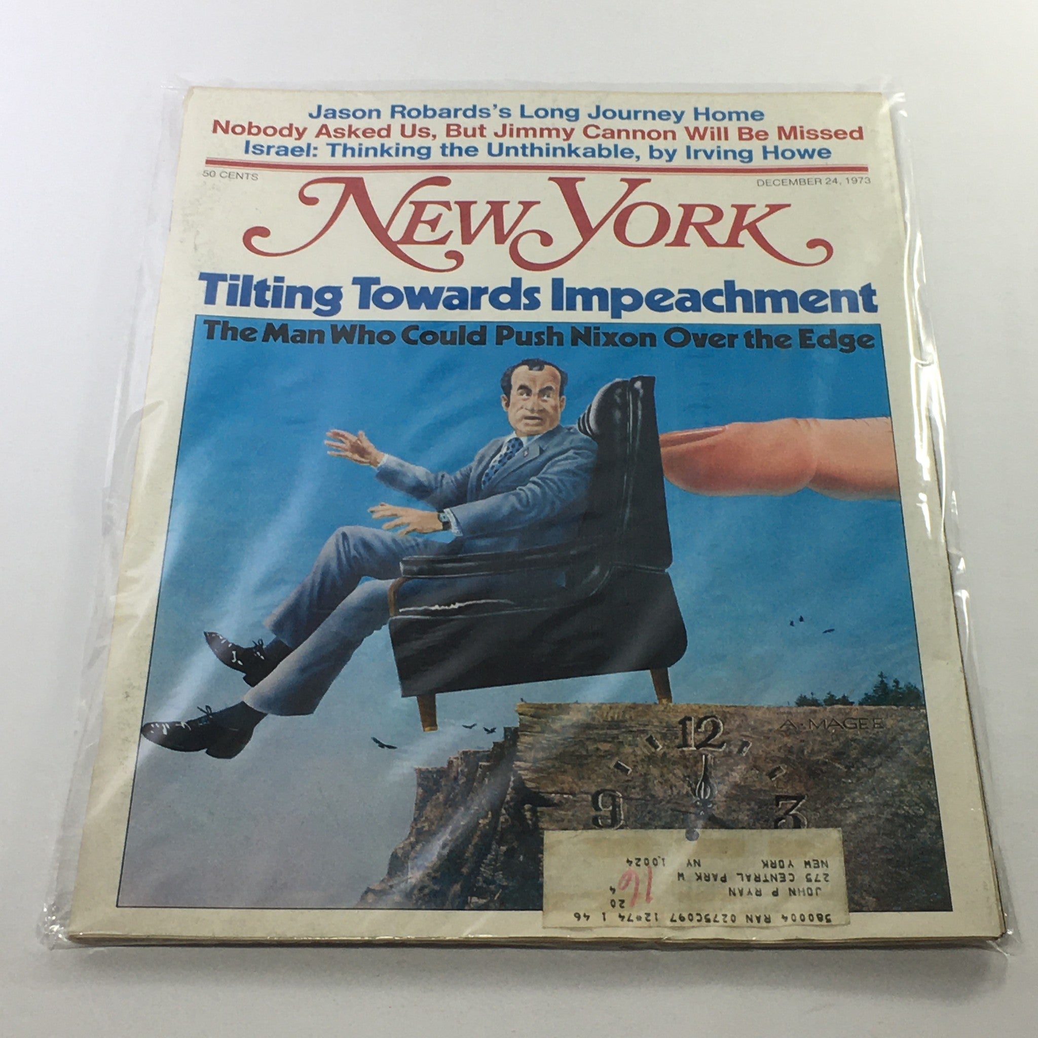 Cover of New York Magazine, December 24, 1973, titled 'The Man Who Could Push Nixon Over The Edge,' featuring a dramatic illustration of a man resembling Nixon sitting in a chair as a finger seemingly pushes him, symbolizing political tension and impeachment.