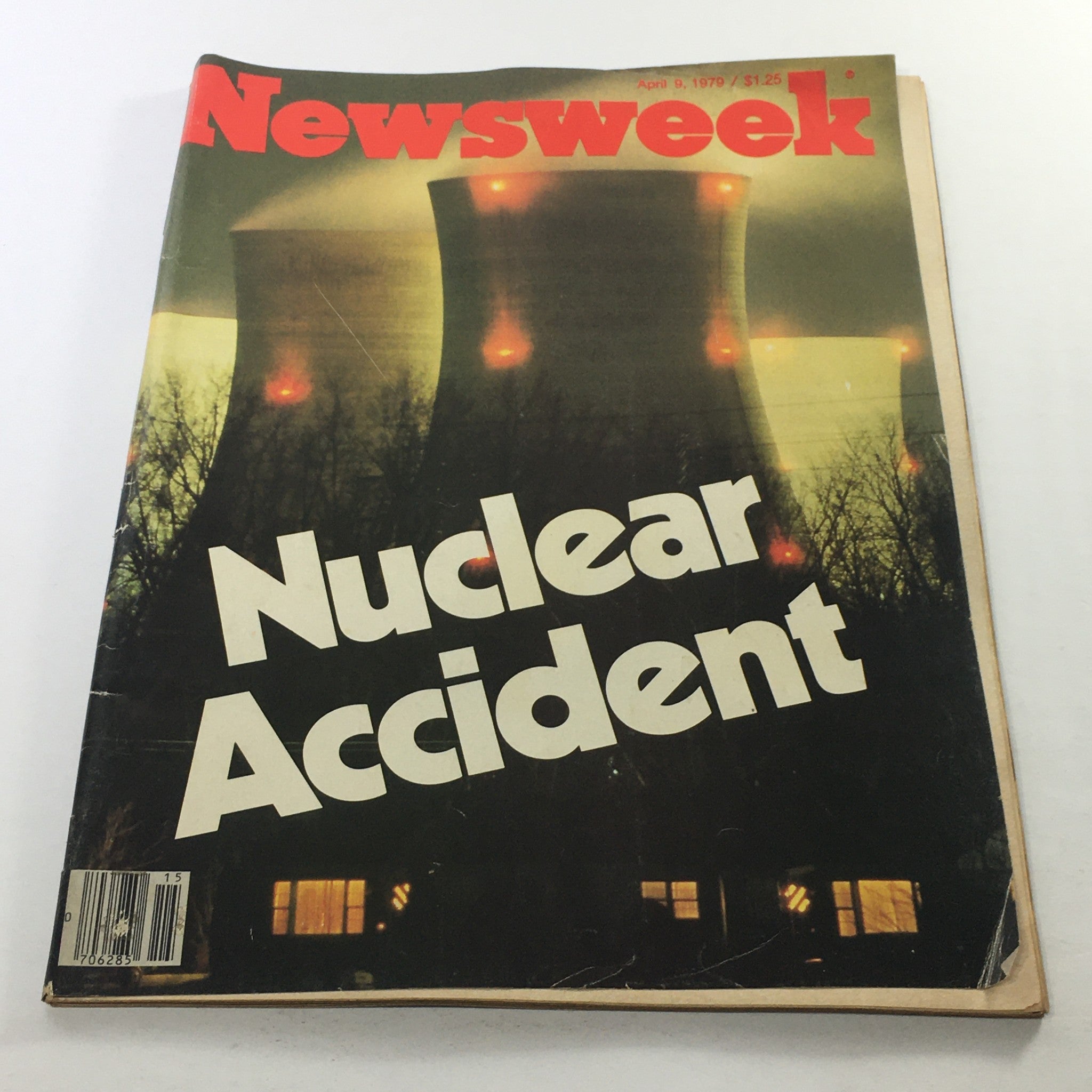 Cover of Newsweek Magazine dated April 9, 1979, featuring the bold title 'Nuclear Accident' against a backdrop of nuclear cooling towers, highlighting a historic event.