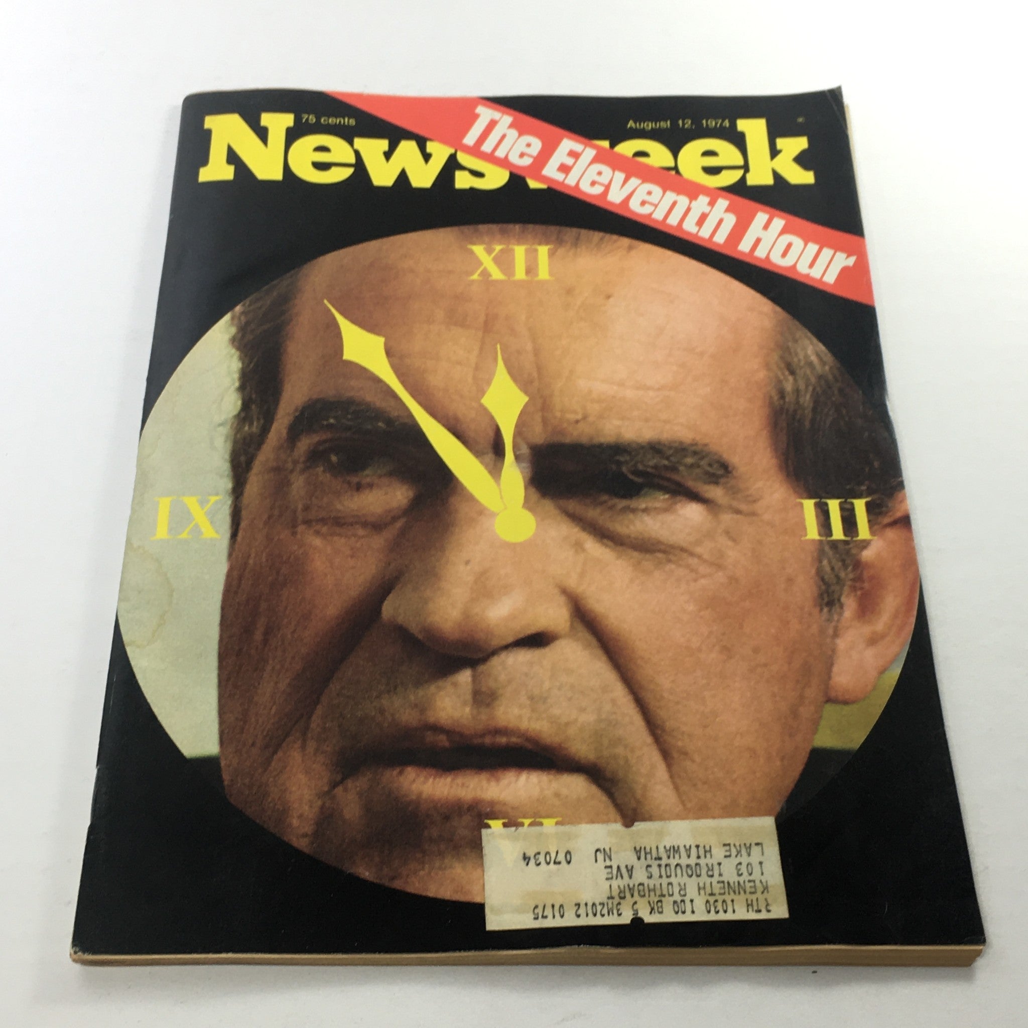 Newsweek Magazine cover dated August 12, 1974, featuring Richard Nixon with a clock overlay and the title 'The Eleventh Hour.' This vintage issue captures a pivotal moment in U.S. history.