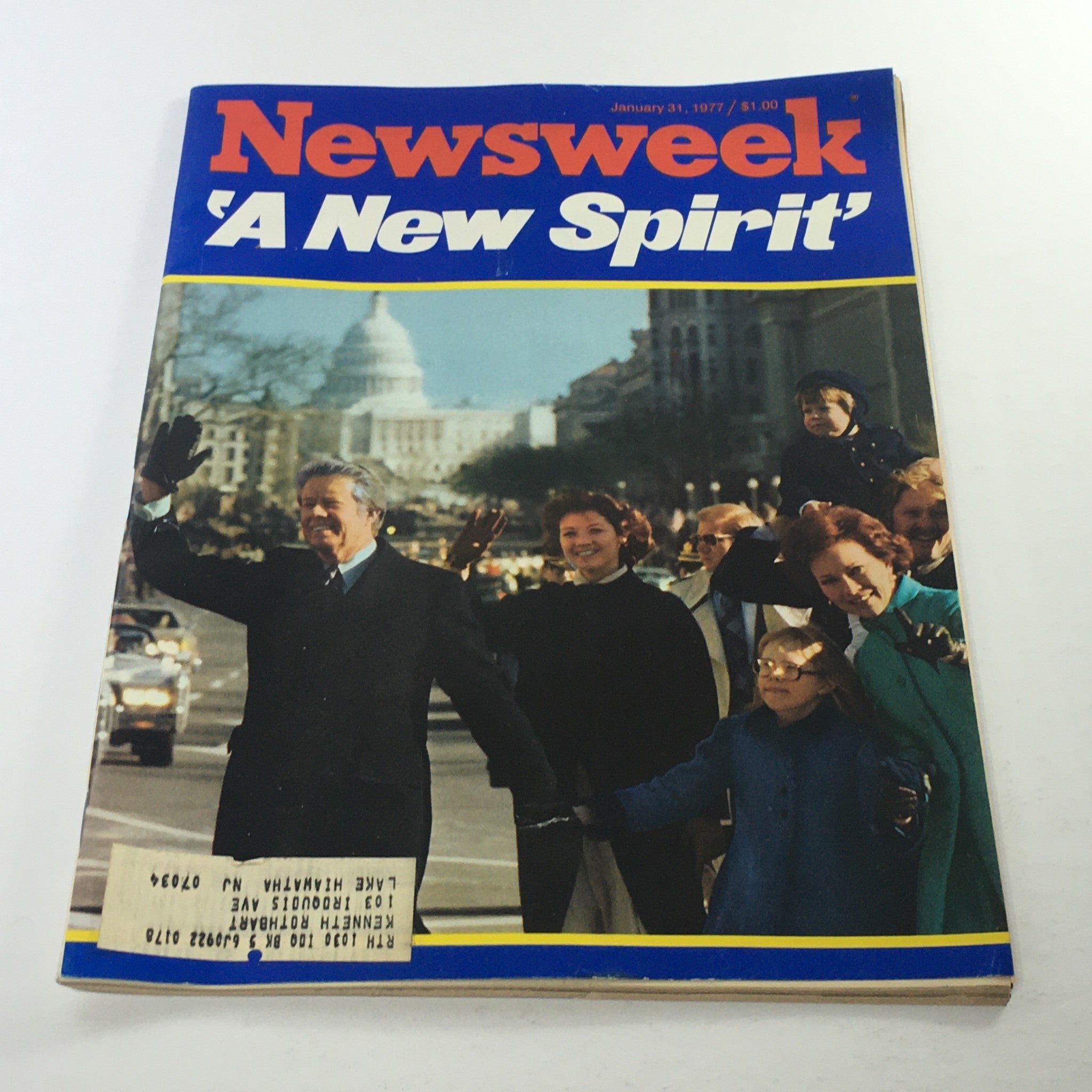 Cover of Newsweek Magazine dated January 31, 1977, featuring the title 'A New Spirit', highlighting the rise of Jimmy Carter with an image of him waving to the crowd in front of the U.S. Capitol during his presidency.