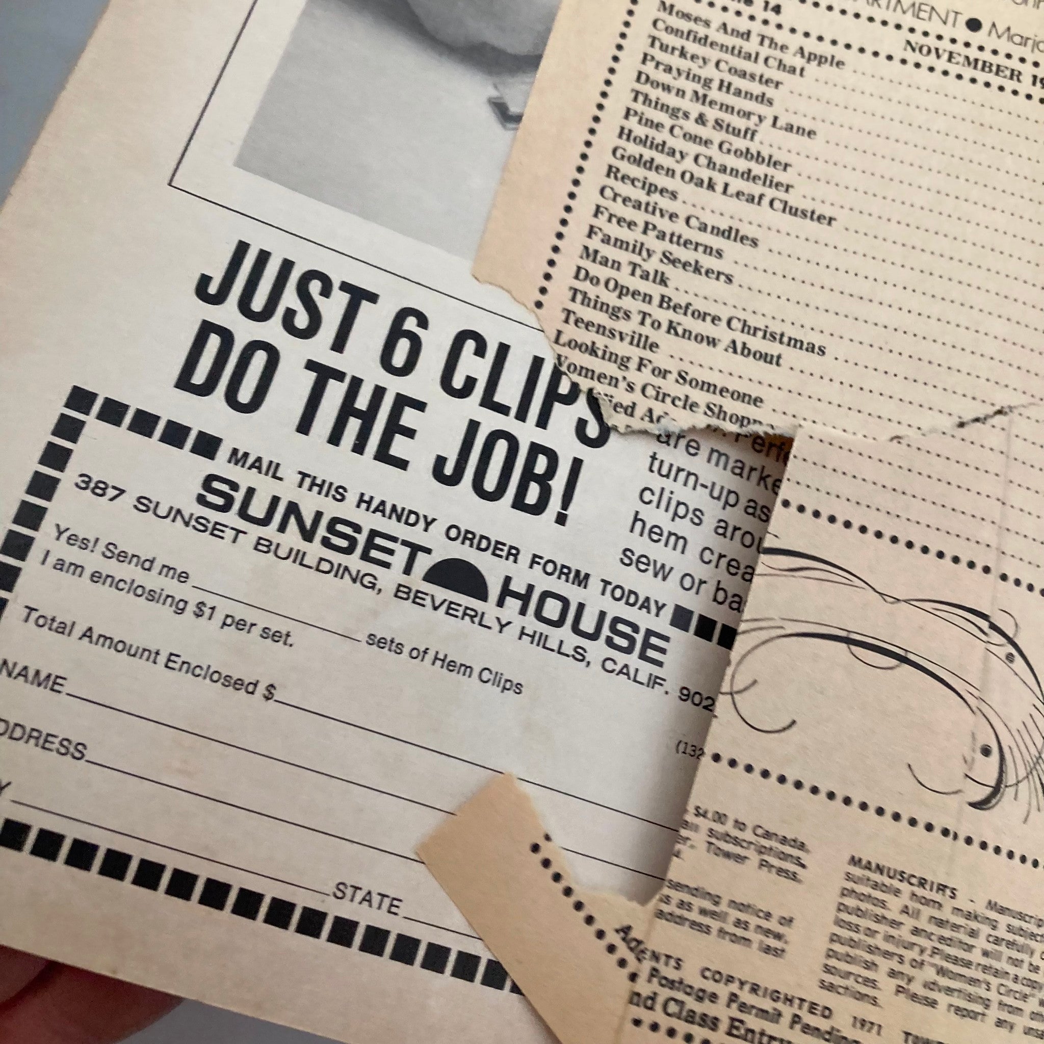 Order form from VTG Women's Circle Magazine November 1971 titled 'Just 6 Clips Do The Job!', highlighting subscription information and vintage text layout.