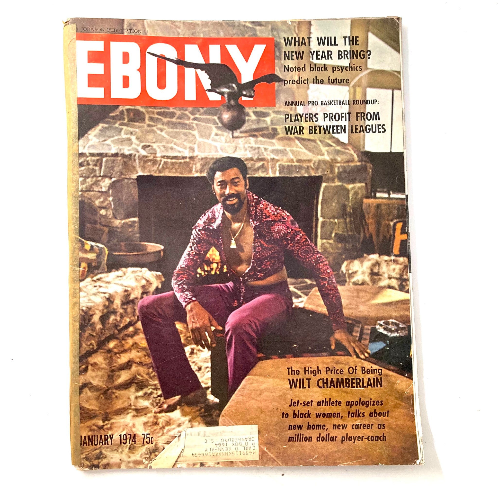 Vintage Ebony Magazine cover from January 1974 featuring Wilt Chamberlain highlighting NBA and the Lakers, showcasing the historic cultural context of basketball.