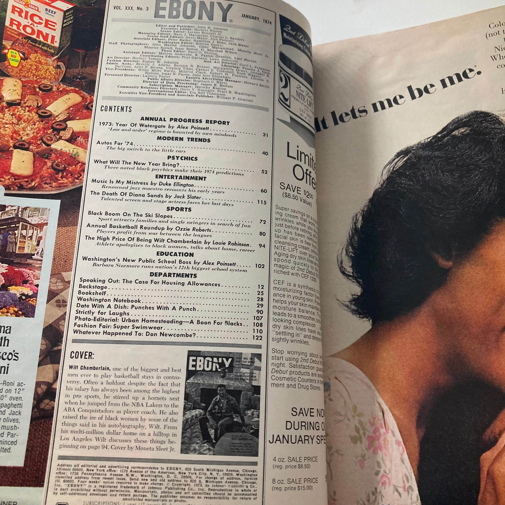Interior page of January 1974 Ebony Magazine displaying contents, including annual reports and features related to prominent figures like Wilt Chamberlain.