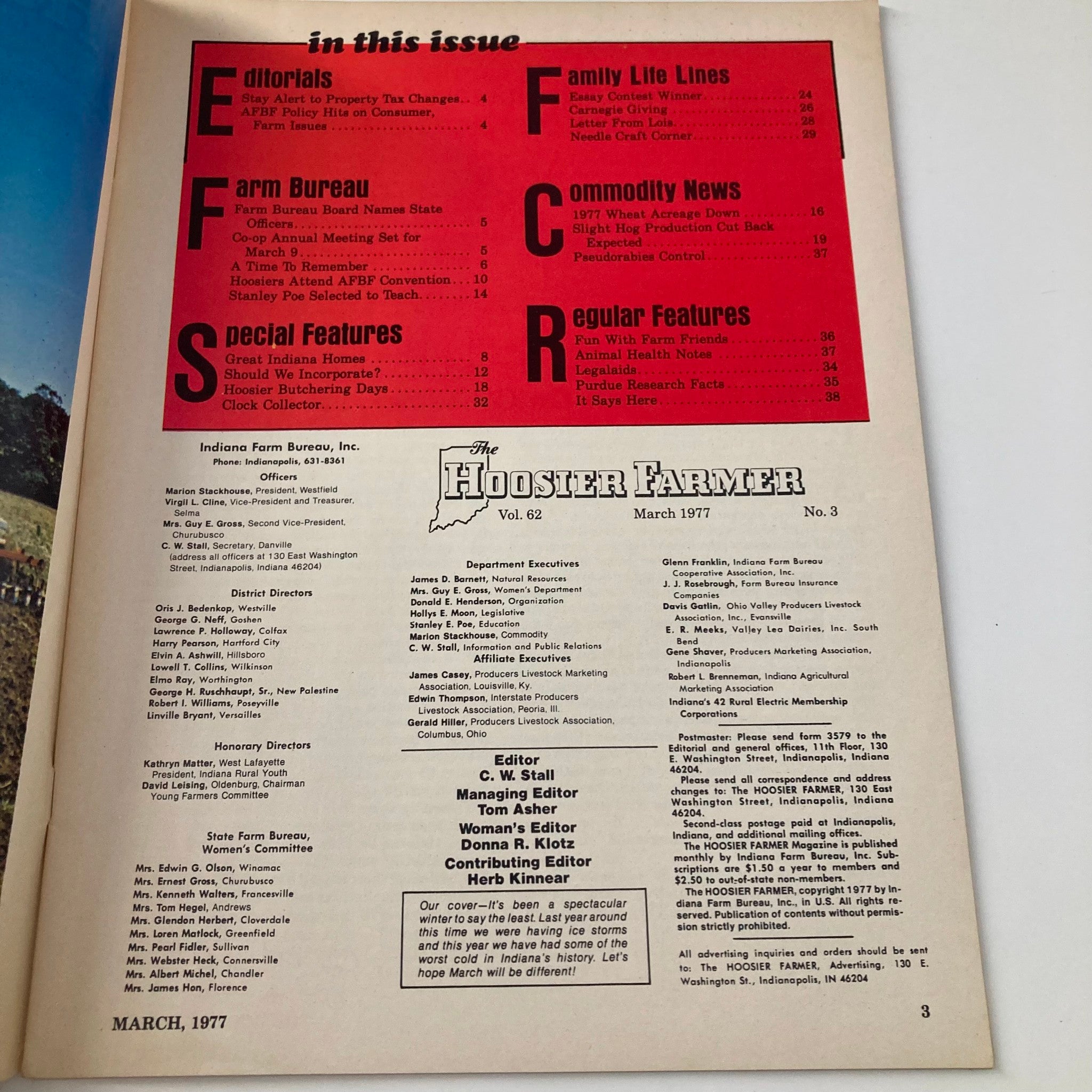 Vintage The Hoosier Farmer Magazine March 1977 issue featuring the editorial and table of contents page, discussing the worst cold in Indiana's history.