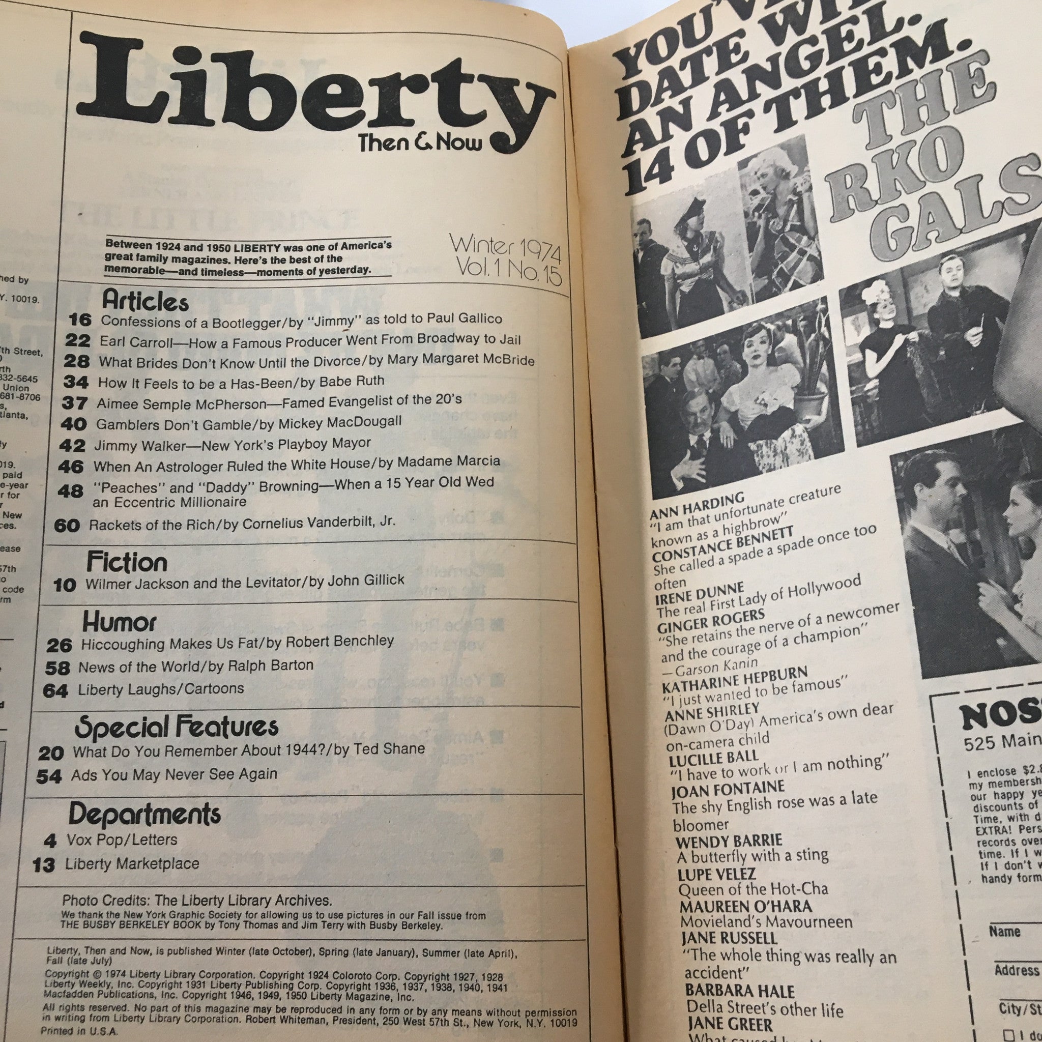 Interior page of VTG Liberty Magazine Winter 1974 showcasing the table of contents with article titles including "Confessions of a Bootlegger" and other features, enhancing its collectible value.