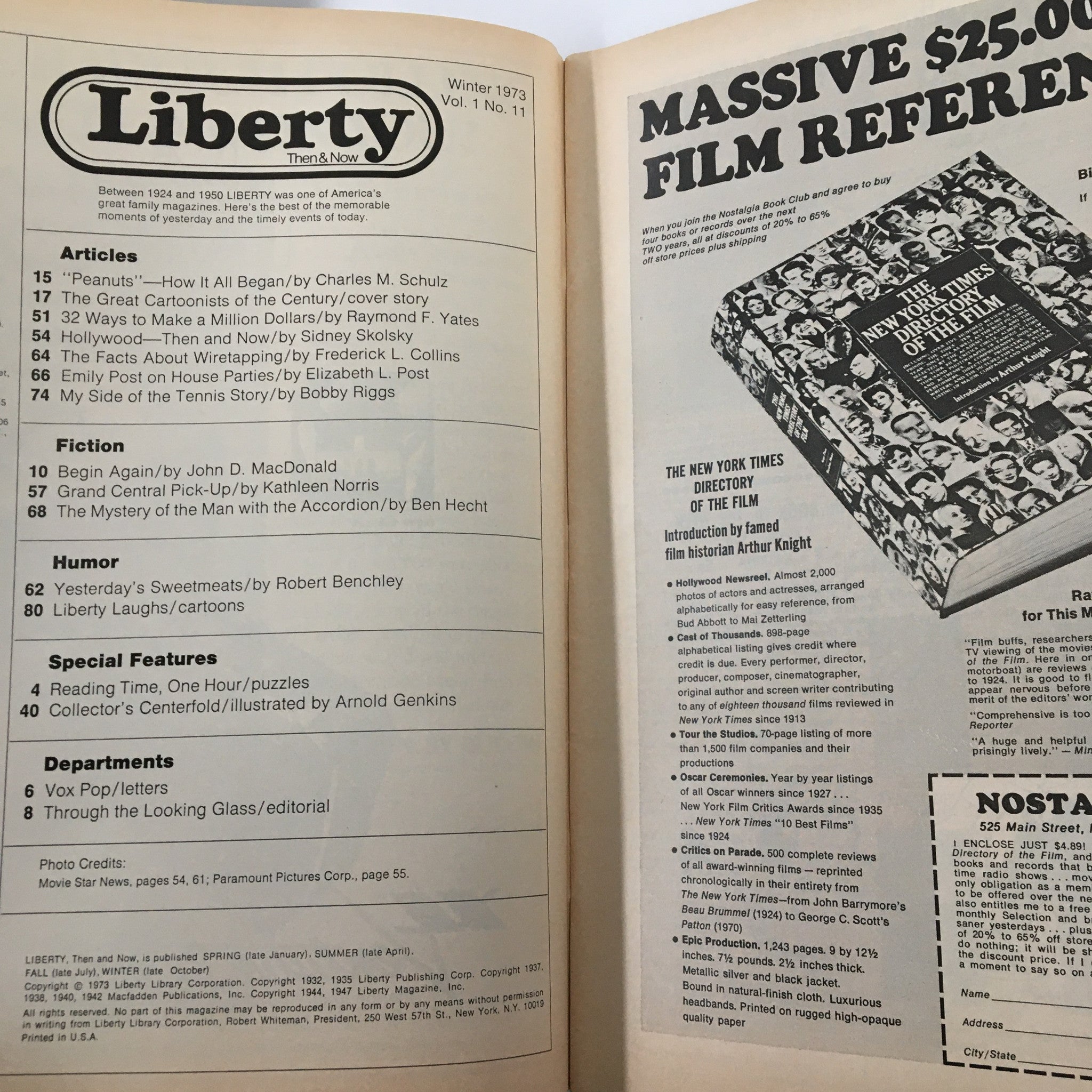 Interior page of VTG Liberty Magazine Winter 1973 Peanuts How It All Began No Label, displaying the table of contents listing various articles, fiction, and humor segments along with historical information about the magazine.
