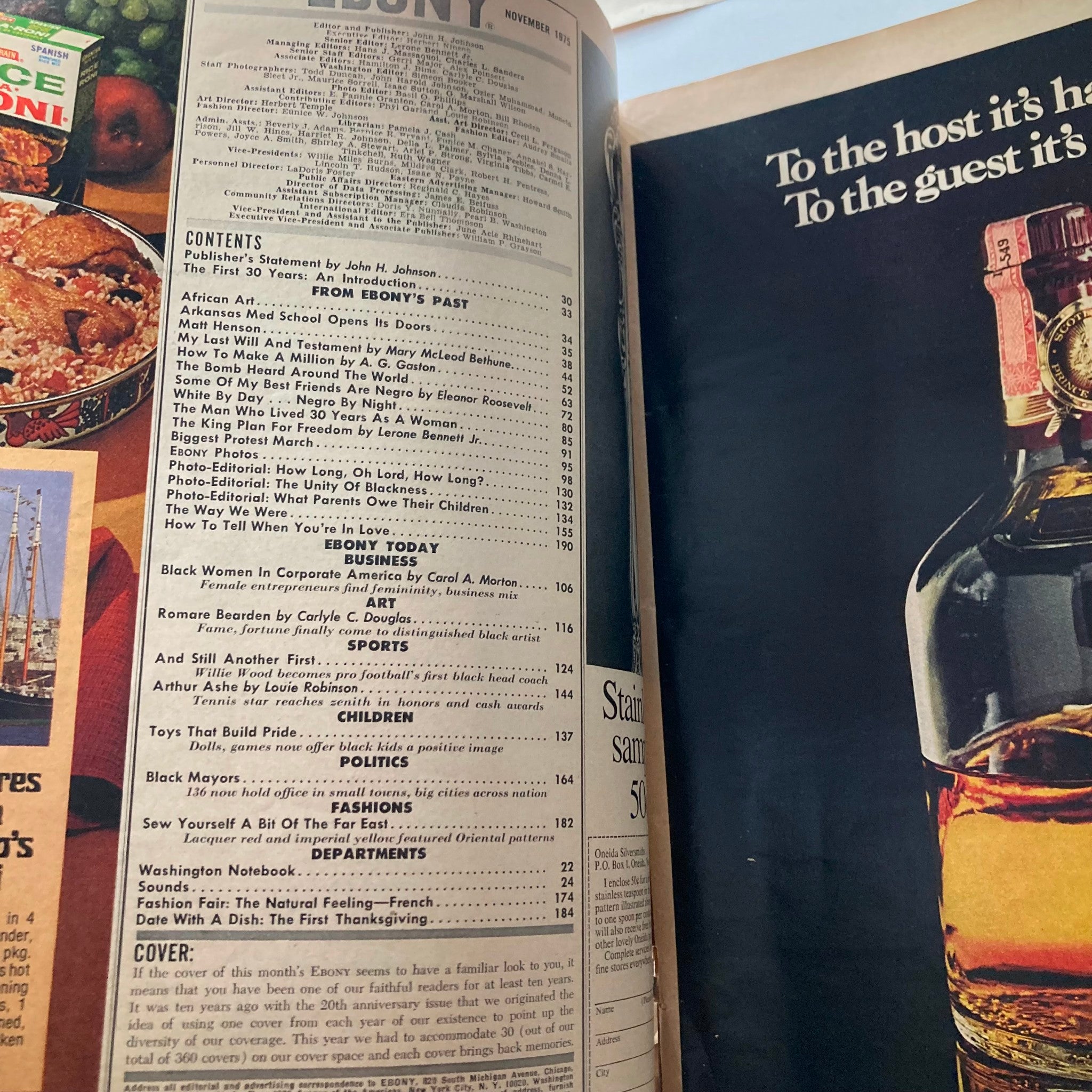 Ebony Magazine November 1975 30th Anniversary Issue interior page with table of contents, detailing key articles and topics covered in the issue.