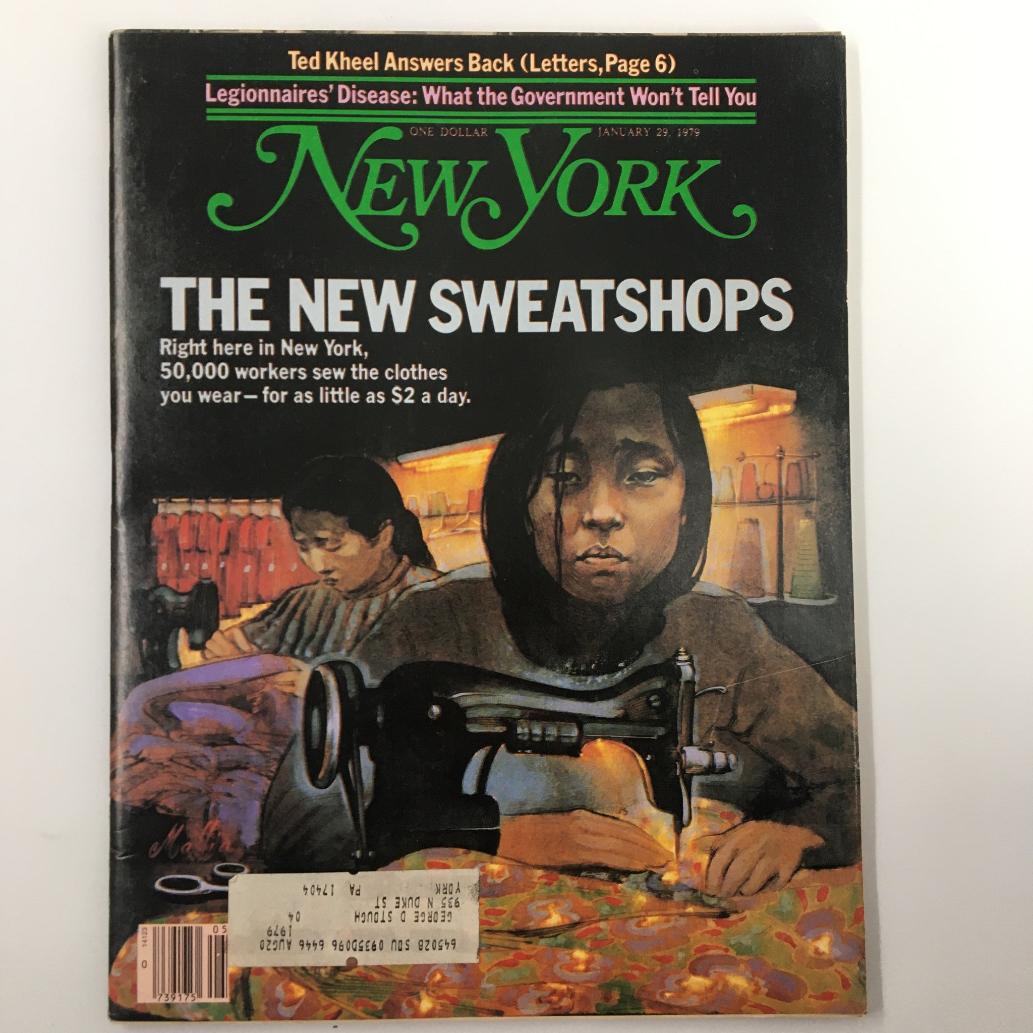 Cover of VTG New York Magazine January 29 1979 featuring The New Sweatshops in New York City article, showcasing workers sewing clothes with a striking illustration.