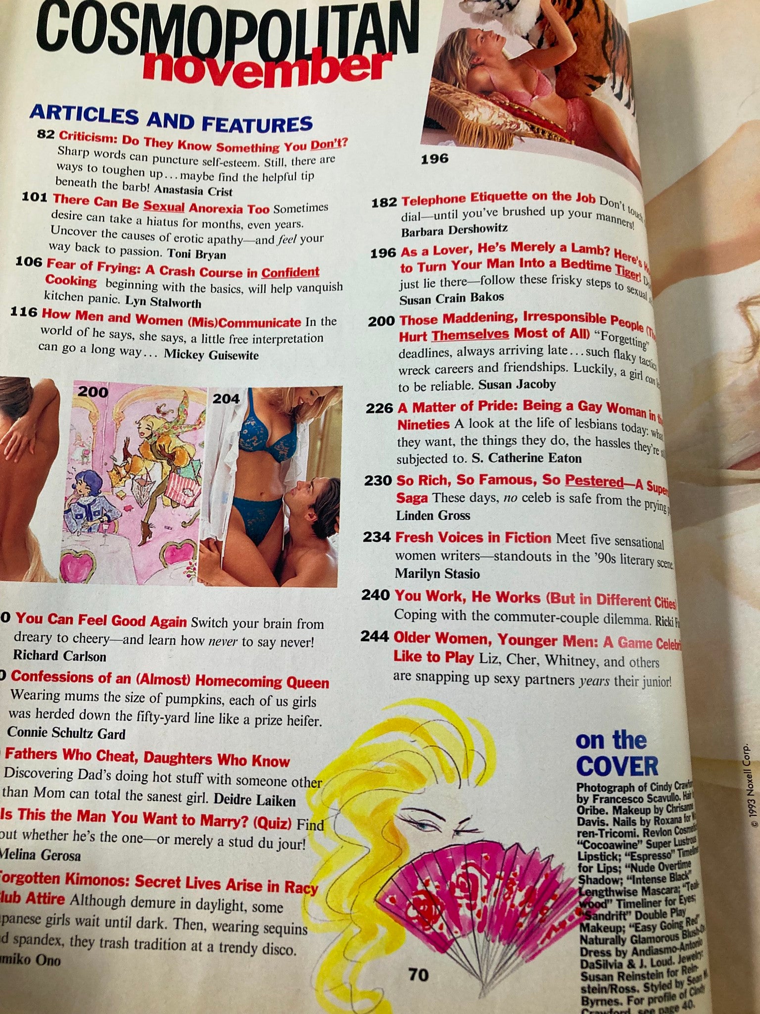 Table of contents from Cosmopolitan Magazine November 1993 showcasing articles and features, including a piece on Brad Pitt.
