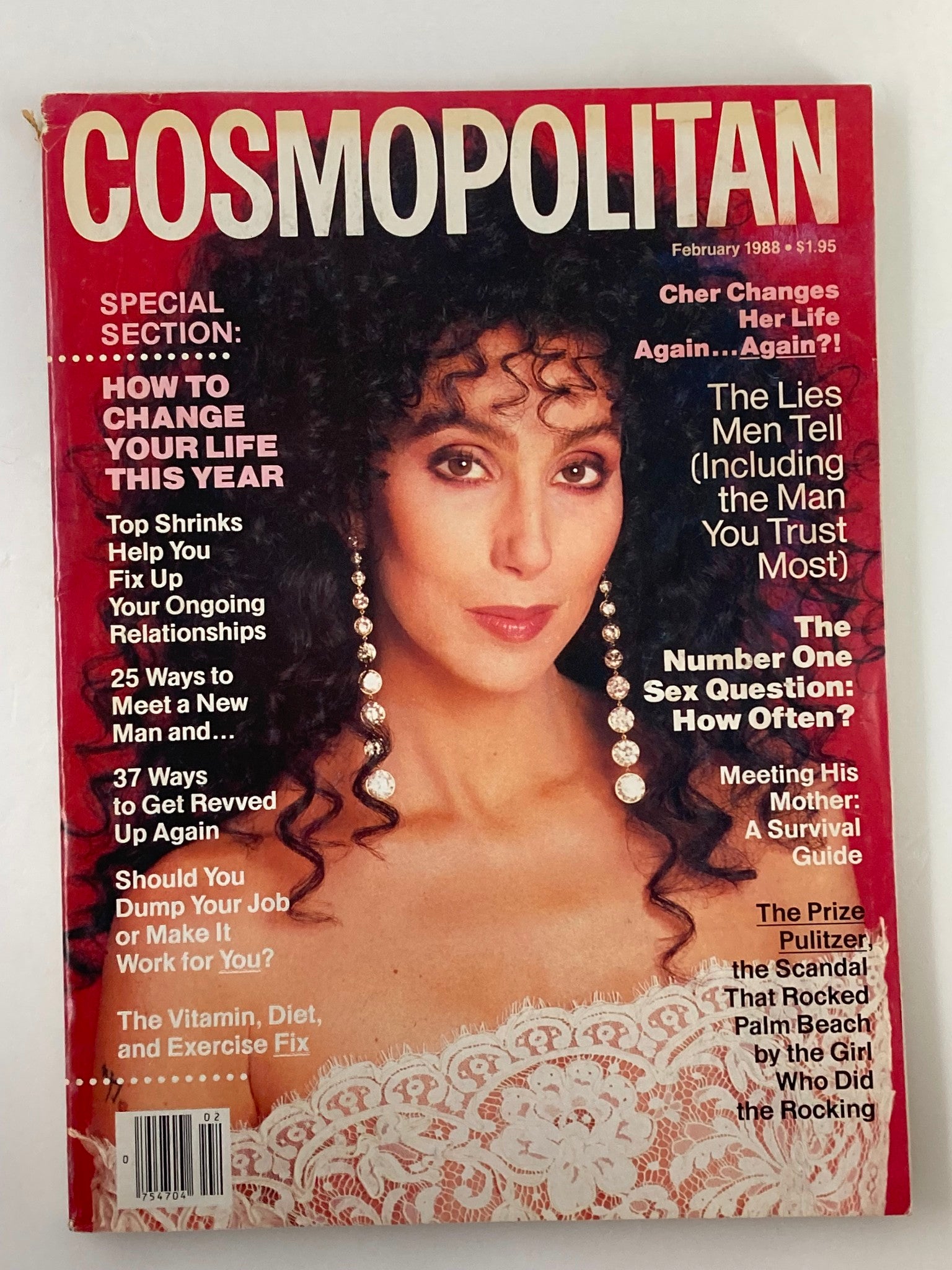 VTG Cosmopolitan Magazine February 1988 featuring Cher on the cover, showcasing articles on personal growth and lifestyle tips from the 1980s.