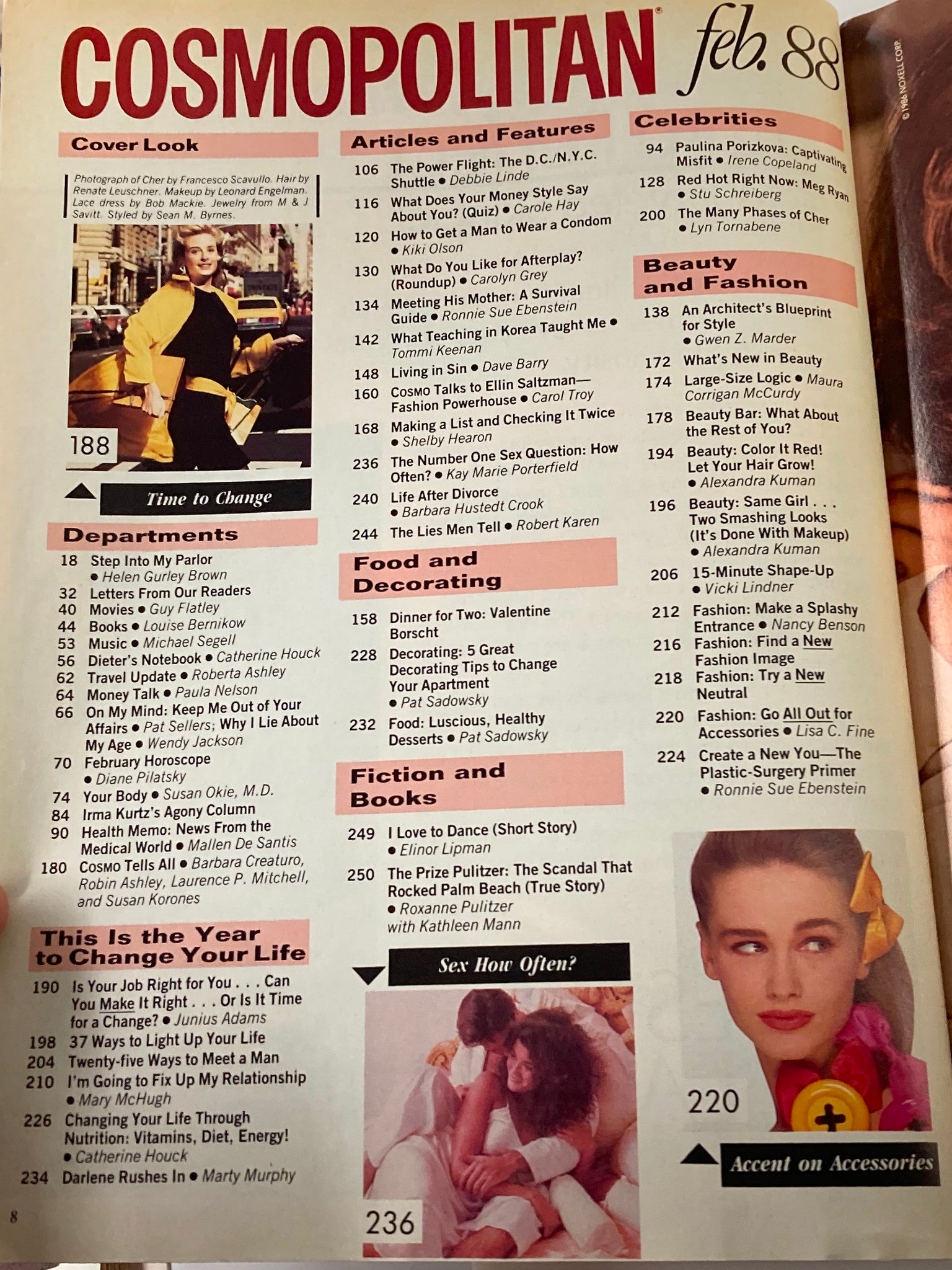 Table of contents of VTG Cosmopolitan Magazine February 1988, featuring sections on beauty, fashion, articles, and personal advice, with Cher as the main theme.