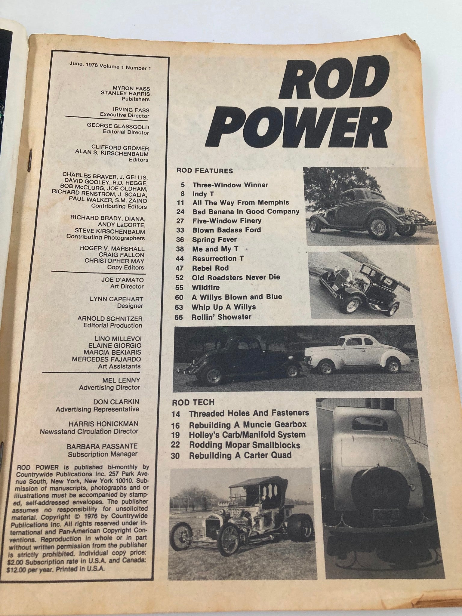 Interior page of VTG Rod Power Magazine June 1976 Vol 1 #1 listing various rod features and articles related to classic cars.