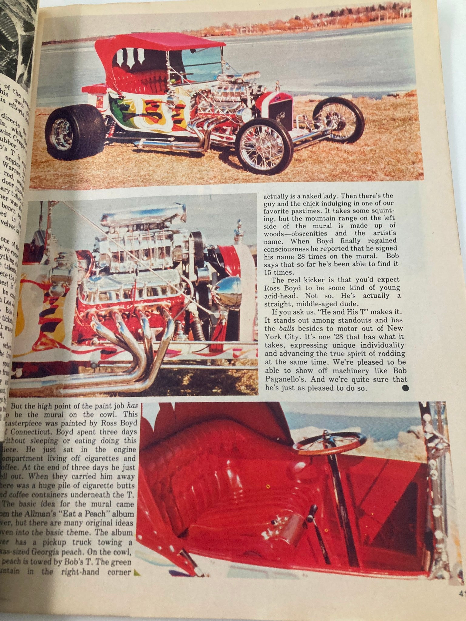 Image showing a vintage car featured in Rod Power Magazine June 1976, showcasing a Hemi-Powered La Salle with vibrant designs and chrome detailing.