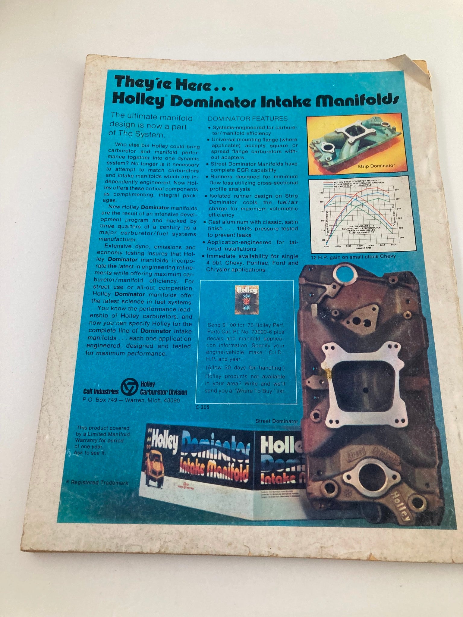 Page from Rod Power Magazine June 1976 showcasing Holley Dominator Intake Manifolds with product features and technical information.