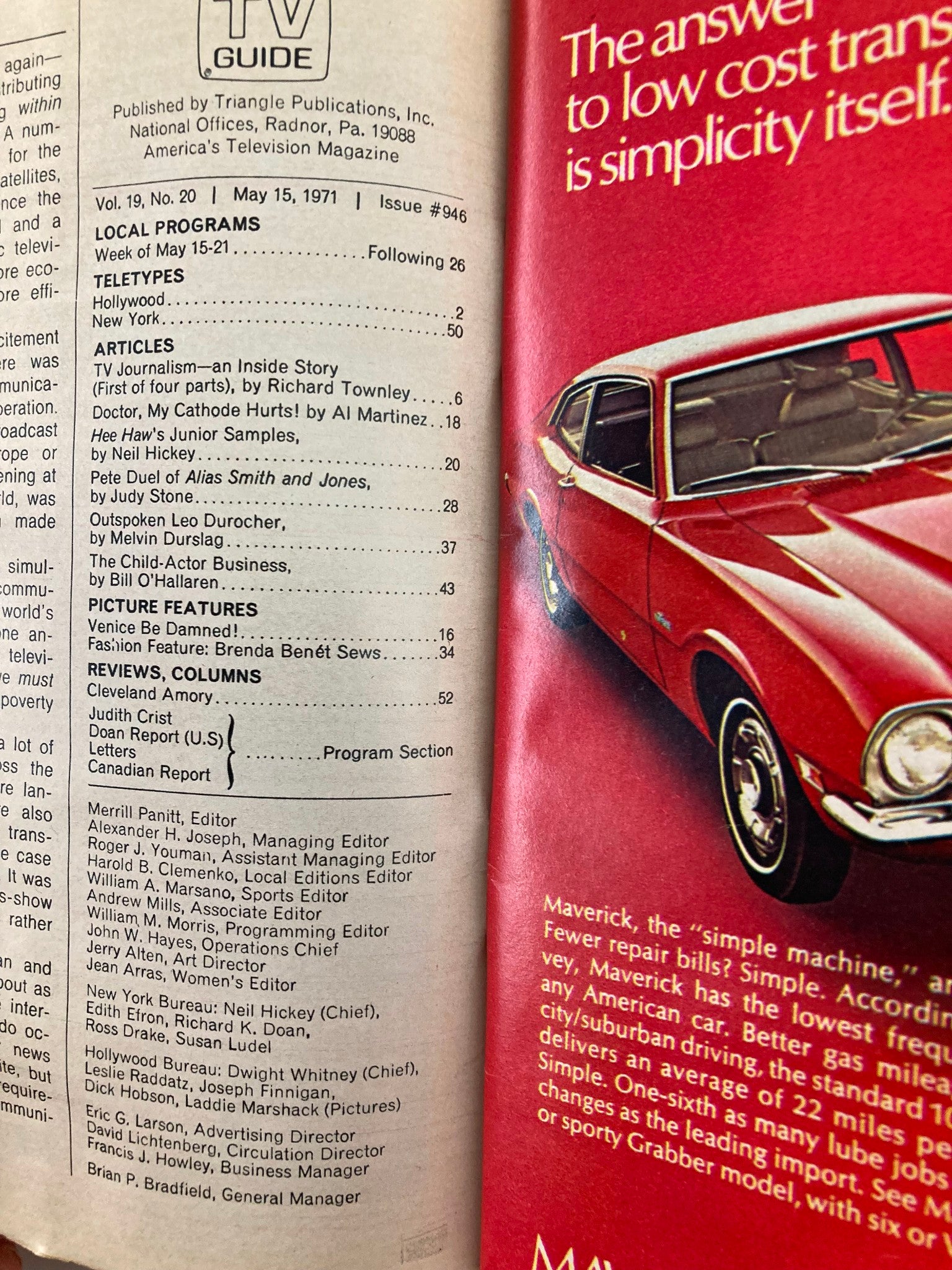 Inside page of TV Guide Magazine May 15 1971 #946, listing articles and features including 'TV Journalism - an Inside Story' and other programming details.