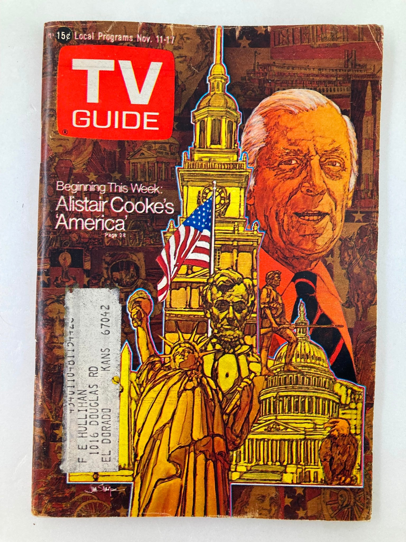 Cover of TV Guide Magazine November 11 1972 #524 featuring Alistair Cooke, highlighting American landmarks like the Statue of Liberty and the Capitol Building.