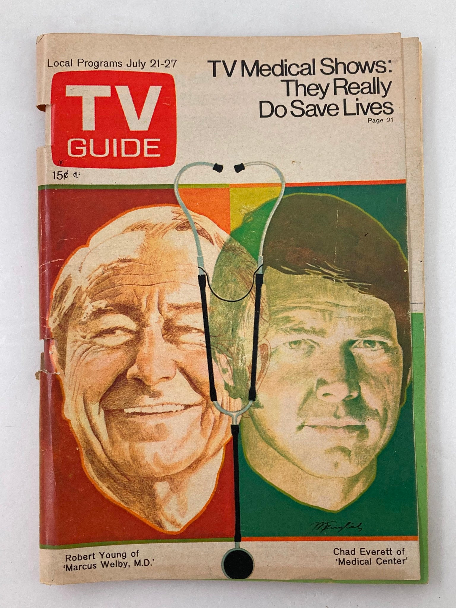 Cover of TV Guide Magazine July 21, 1973, Issue #560 featuring Robert Young and Chad Everett along with an illustration emphasizing TV medical shows.