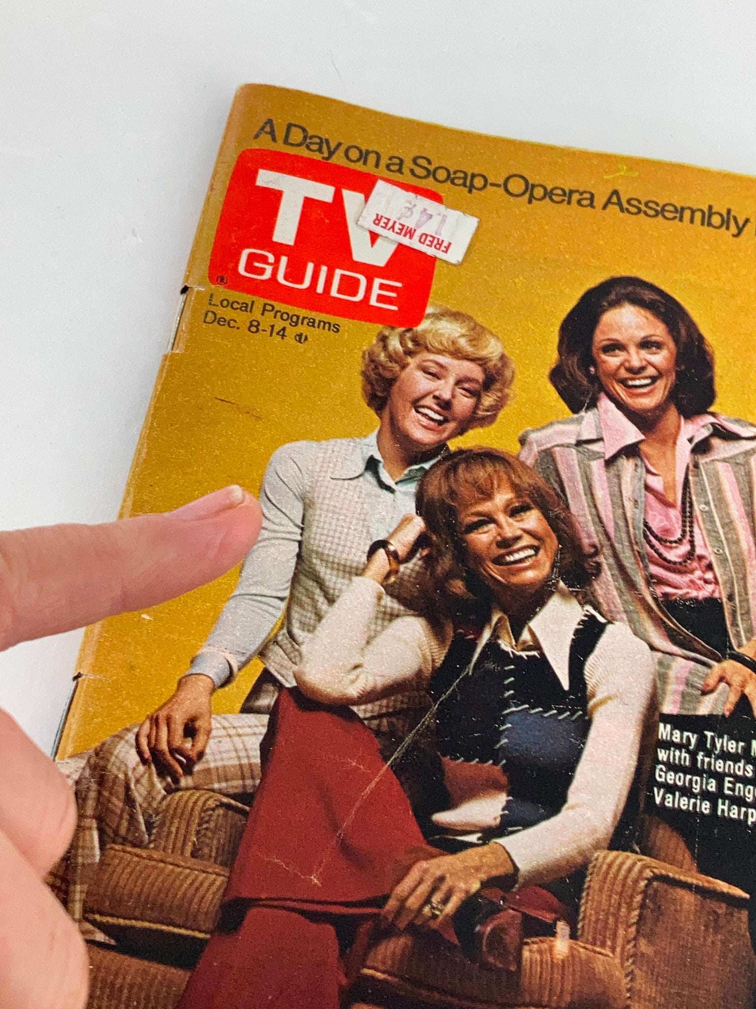 Close-up view of TV Guide Magazine December 8 1973 #1080 cover with Georgia Engel, Mary Tyler Moore, and Valerie Harper, highlighting vintage television culture.