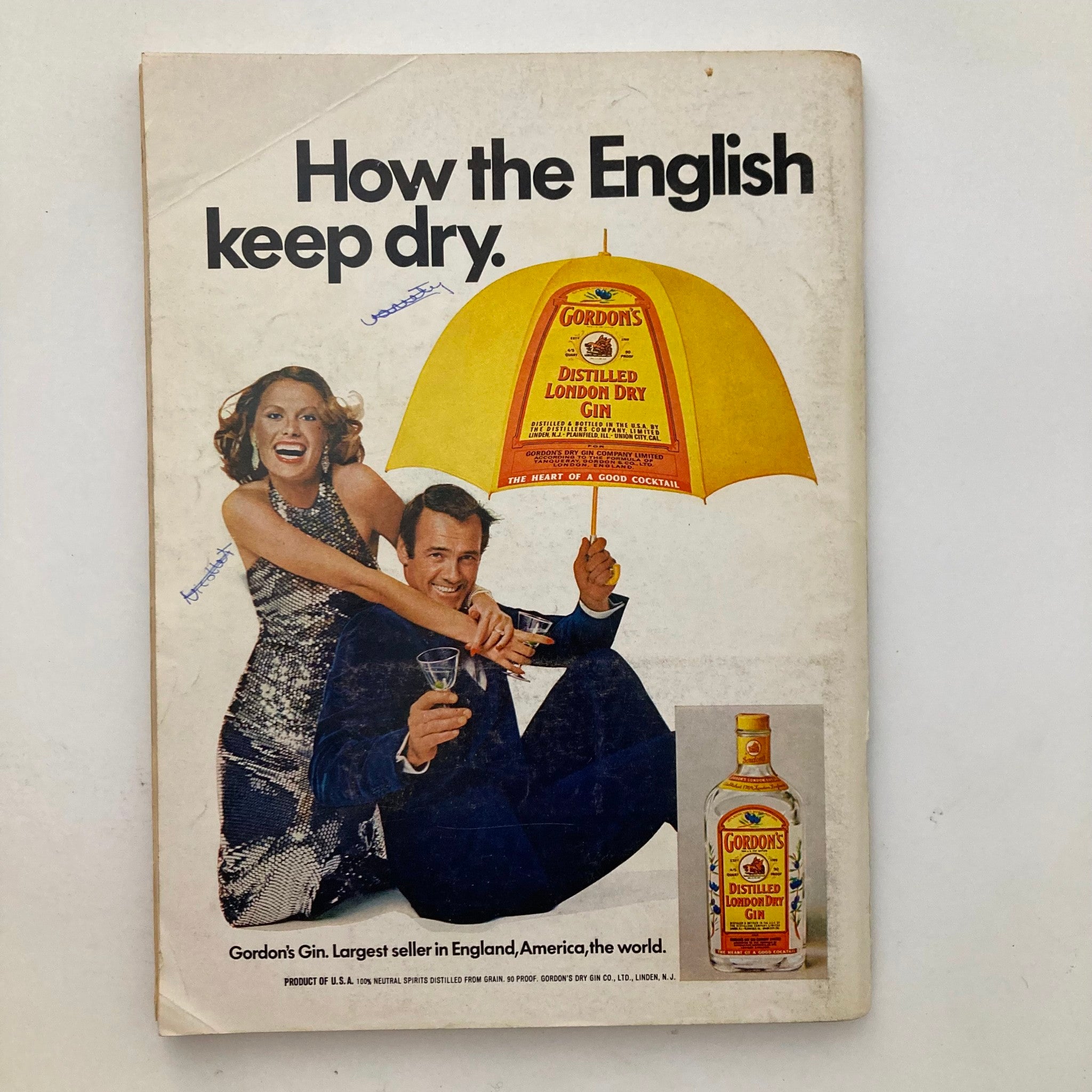 VTG Playboy Magazine May 1973 featuring Anulka Maria Dziubinska, showcasing an advertisement for Gordon's Distilled London Dry Gin with a vibrant yellow umbrella, highlighting retro cocktail culture.