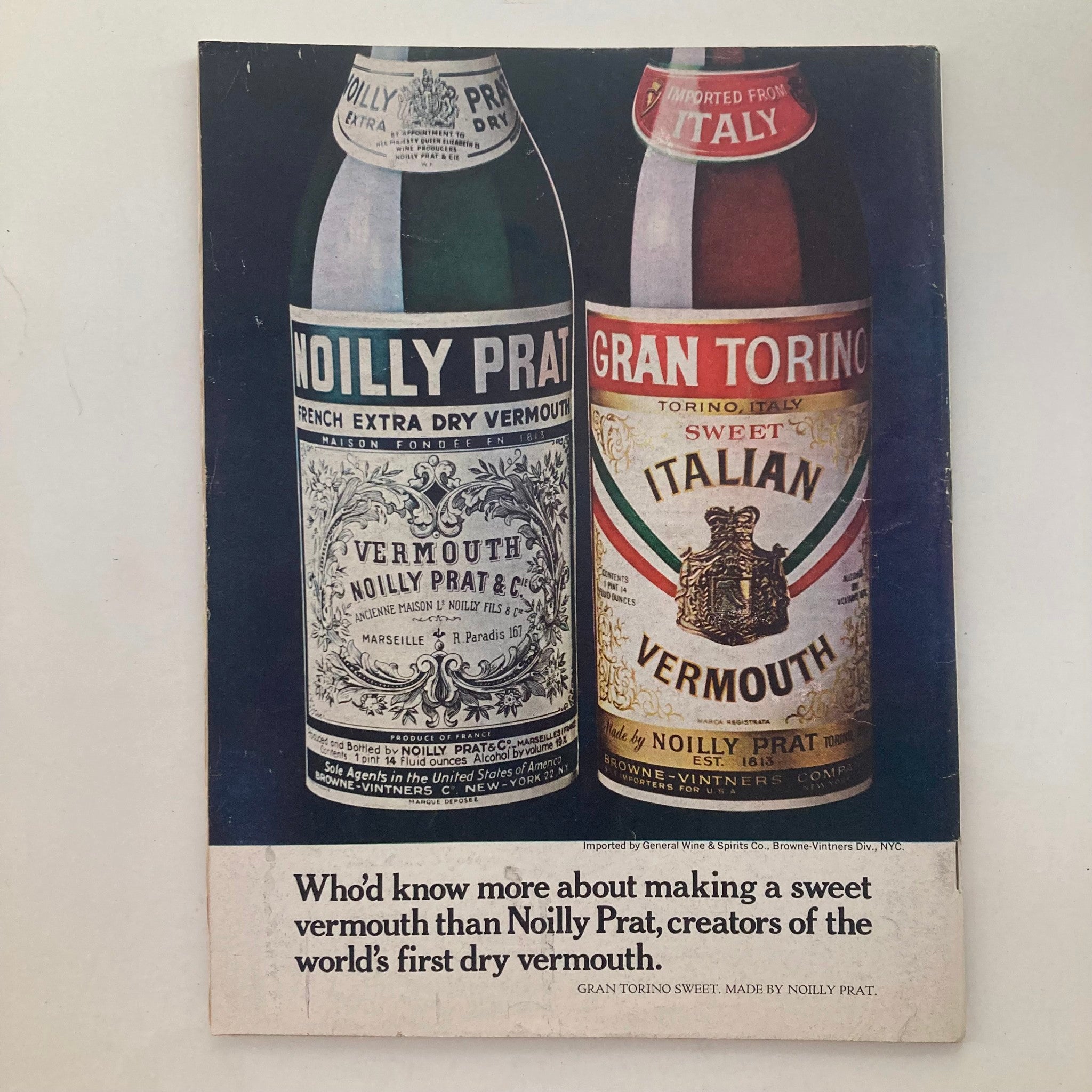Advertisement page from Vintage Newsweek magazine October 12, 1970, displaying bottles of Noilly Prat and Gran Torino vermouth.