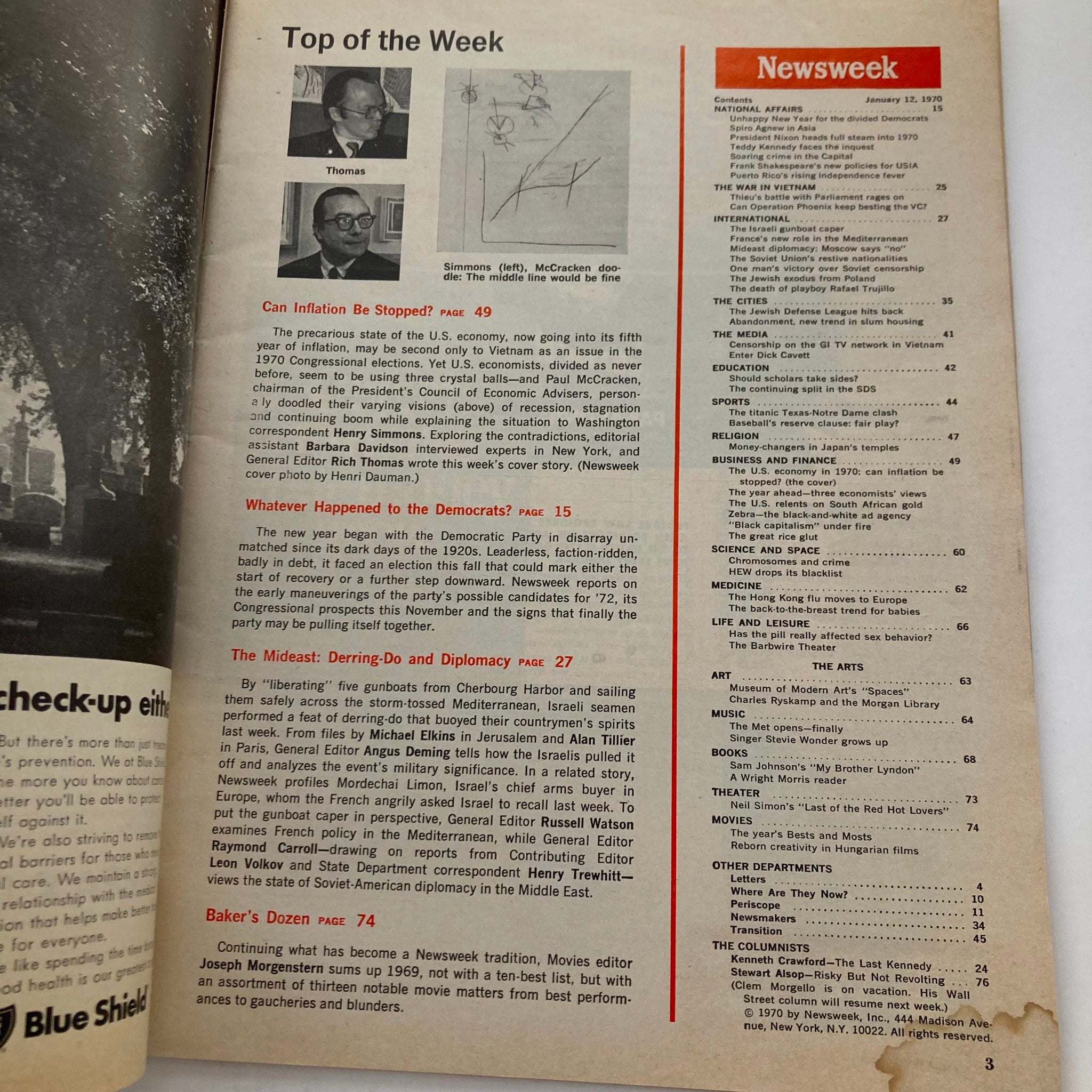 Interior page of VTG Newsweek Magazine January 12 1970 containing an article titled 'Can Inflation Be Stopped?' alongside various section headings related to political and economic issues.