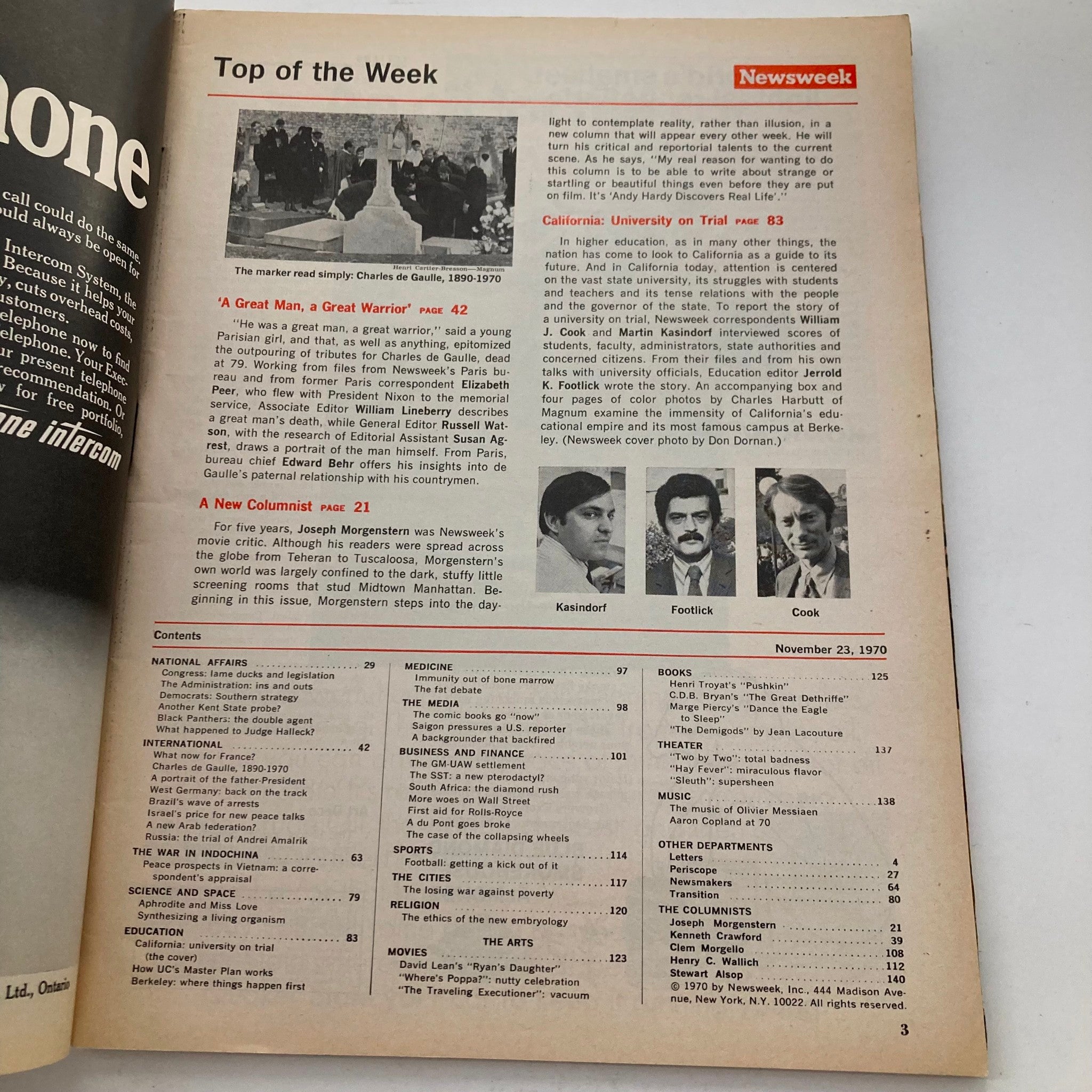 VTG Newsweek Magazine November 23 1970 interior page titled 'Top of the Week', with articles related to California and university topics during the 1970s.