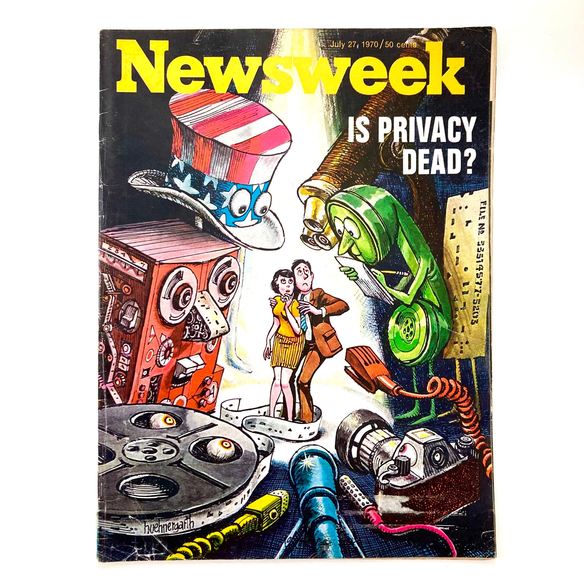 Cover of VTG Newsweek Magazine July 27, 1970 featuring the question 'Is Privacy Dead?' with illustrations of various characters and vintage technology.