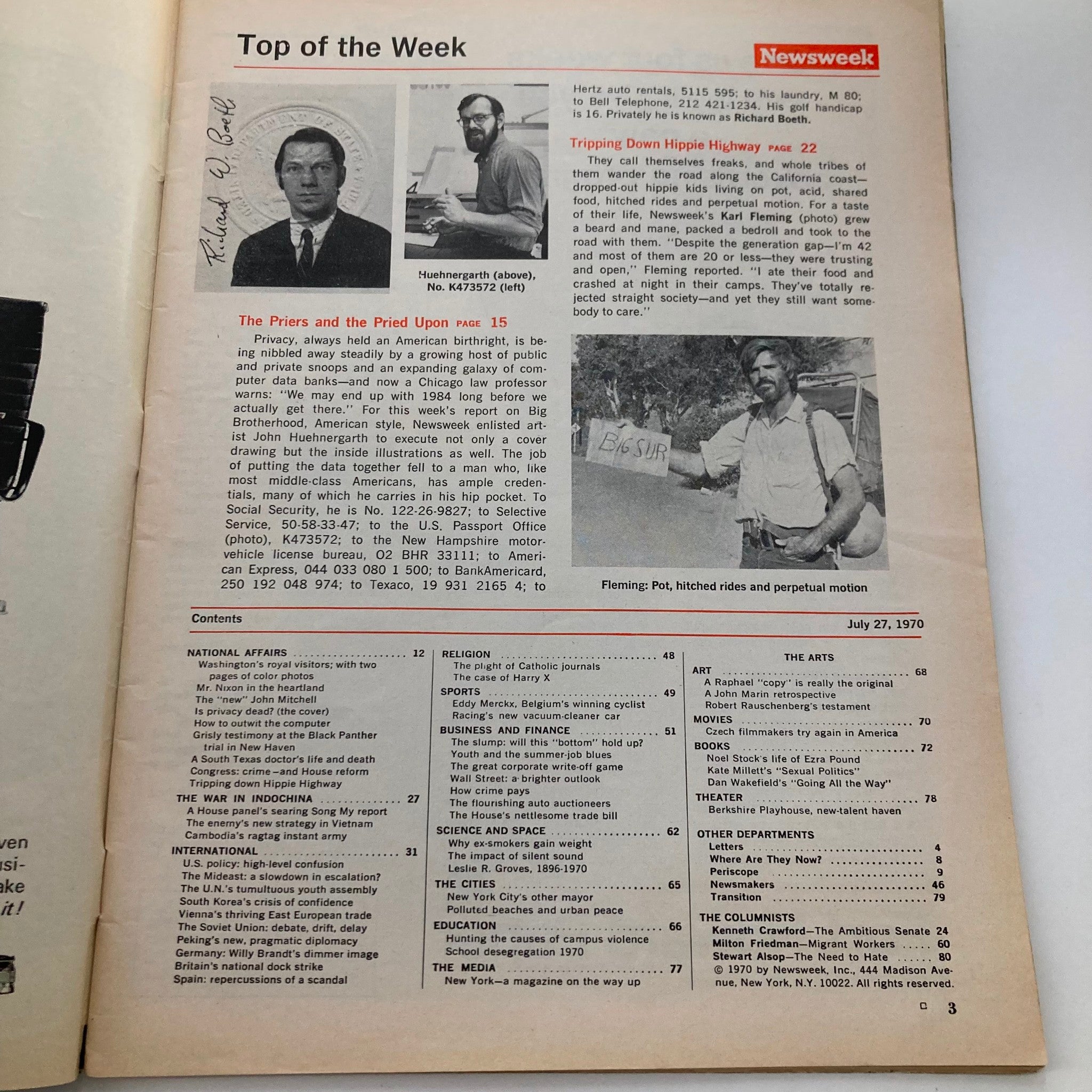 Interior page of VTG Newsweek Magazine July 27, 1970 displaying the article titled 'The Priers and the Pried Upon' with a layout of contents and images.