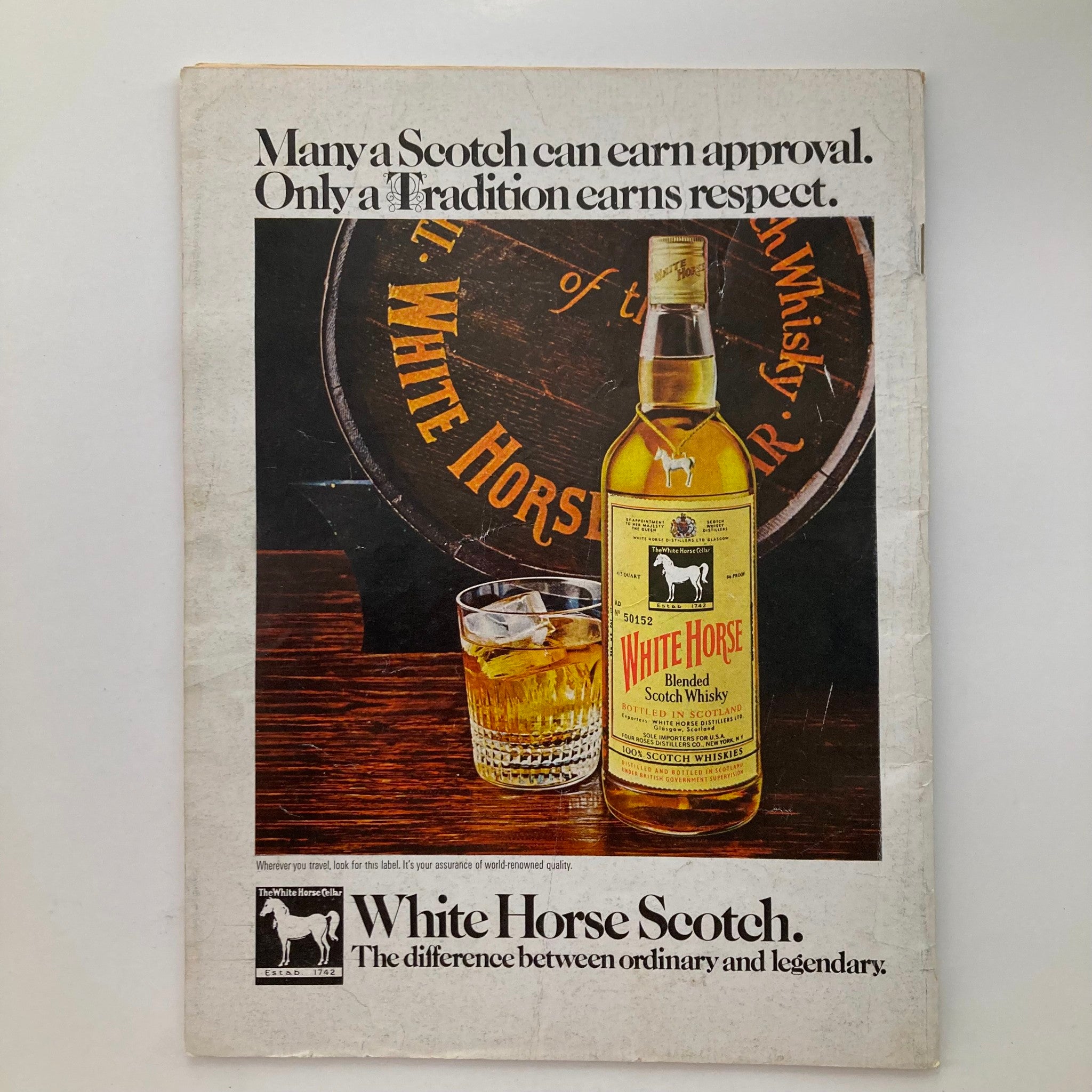 Back cover advertisement of VTG Newsweek Magazine July 27, 1970 for White Horse Scotch whisky, highlighting its tradition and quality.