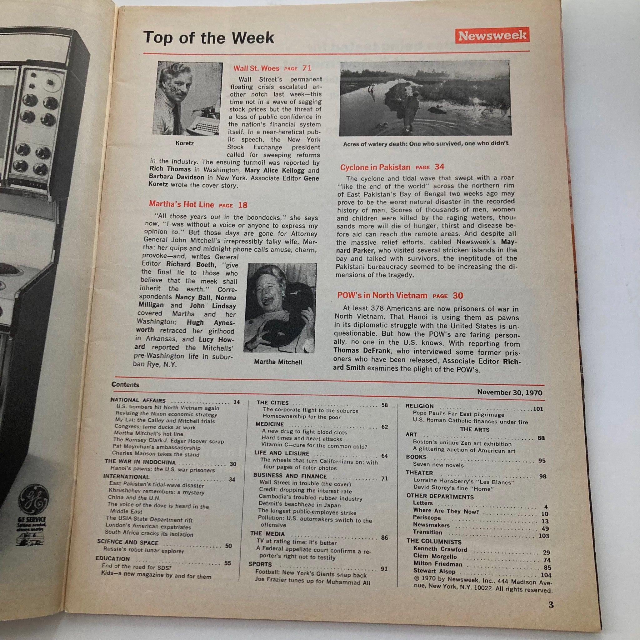 Inside page of VTG Newsweek Magazine November 30, 1970 highlighting various articles including 'Wall St. Woes' page 71 and a photo of Martha Mitchell.