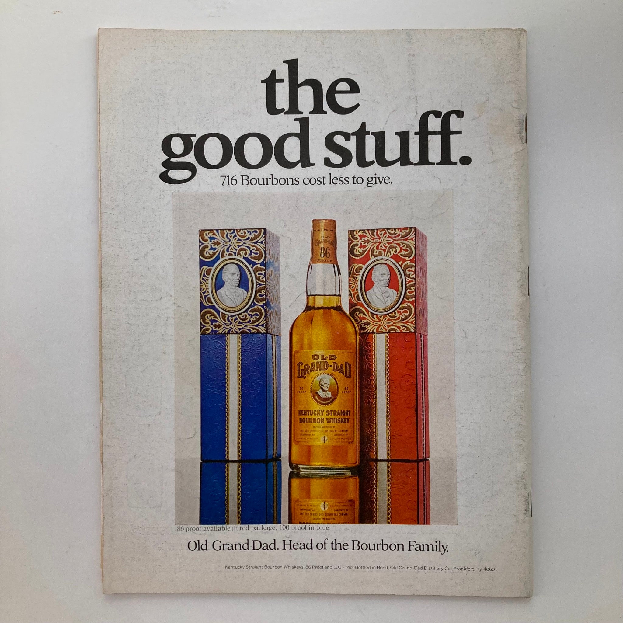 Back cover of VTG Newsweek Magazine November 30, 1970 displaying an advertisement for Old Grand-Dad Bourbon, featuring a bottle and packaging designs.