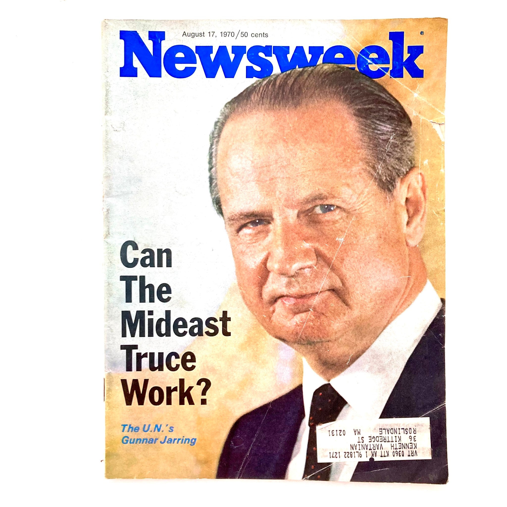 Cover of VTG Newsweek Magazine dated August 17, 1970 featuring The U.N.'s Gunnar Jarring with the title 'Can The Mideast Truce Work?'.