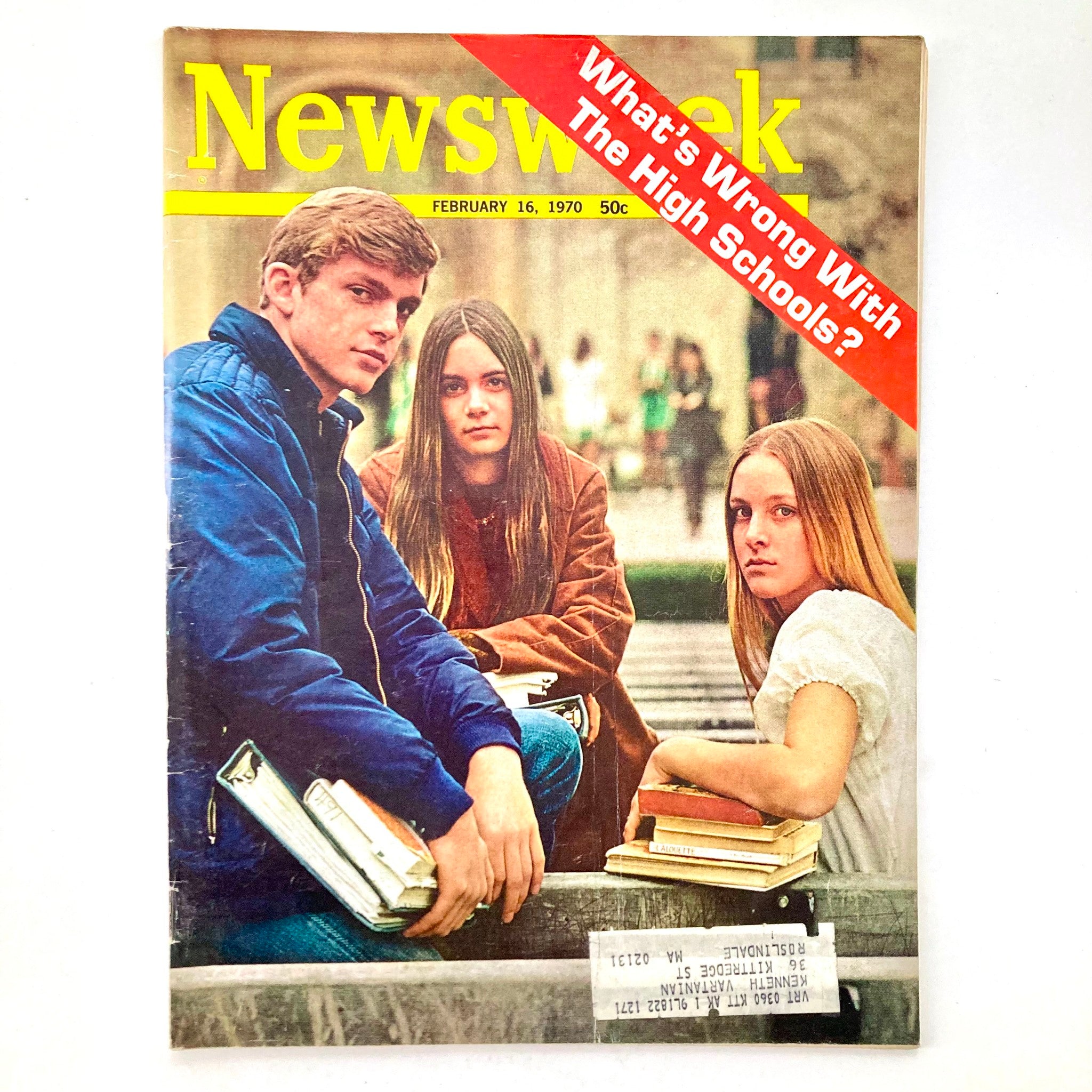 Cover of VTG Newsweek Magazine from February 16, 1970 titled 'What's Wrong with The High Schools?' featuring three teenagers, indicating educational themes of the era.