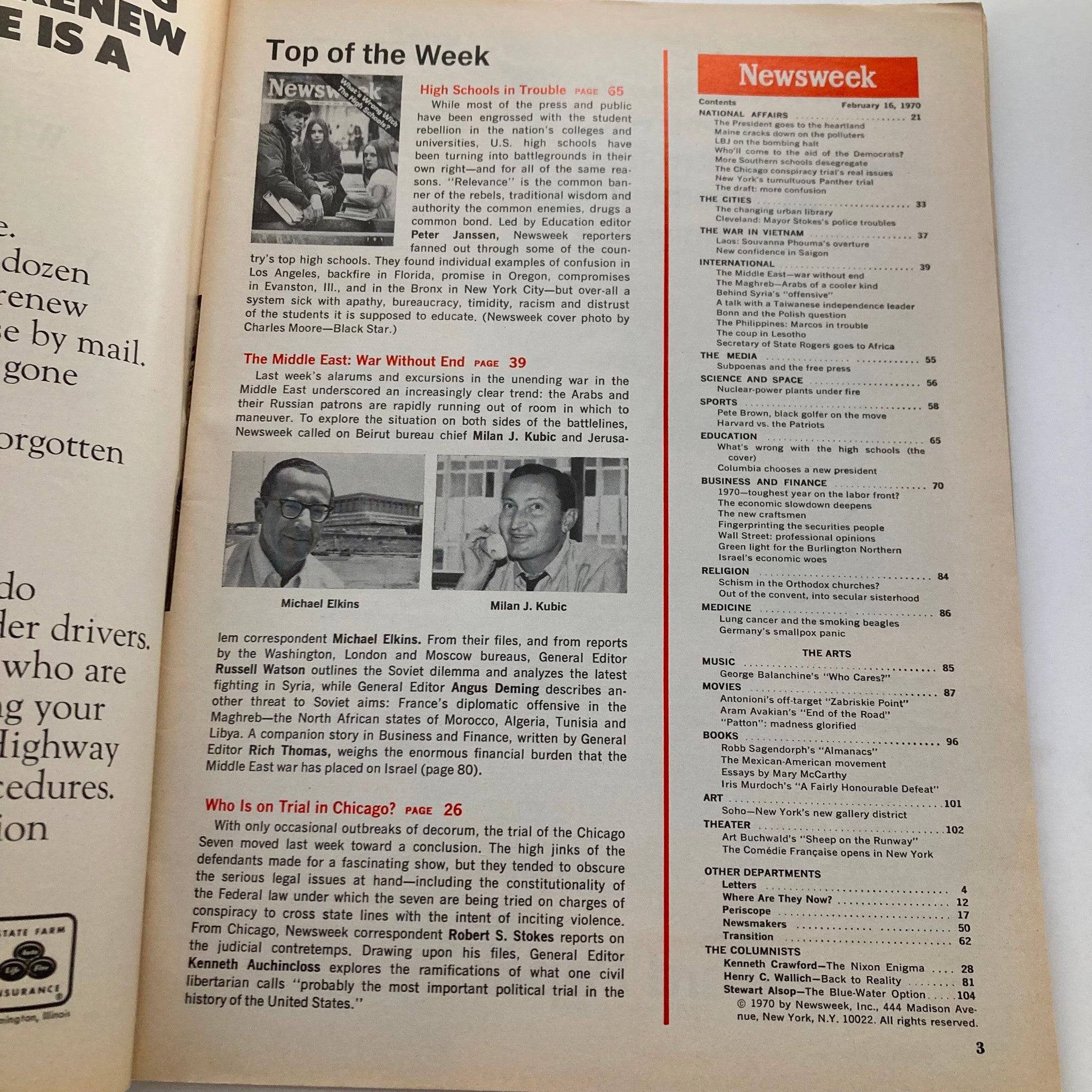 Inside page of the VTG Newsweek Magazine February 16, 1970 displaying article titles including 'High Schools in Trouble' and 'The Middle East: War Without End,' reflecting critical social issues of the time.