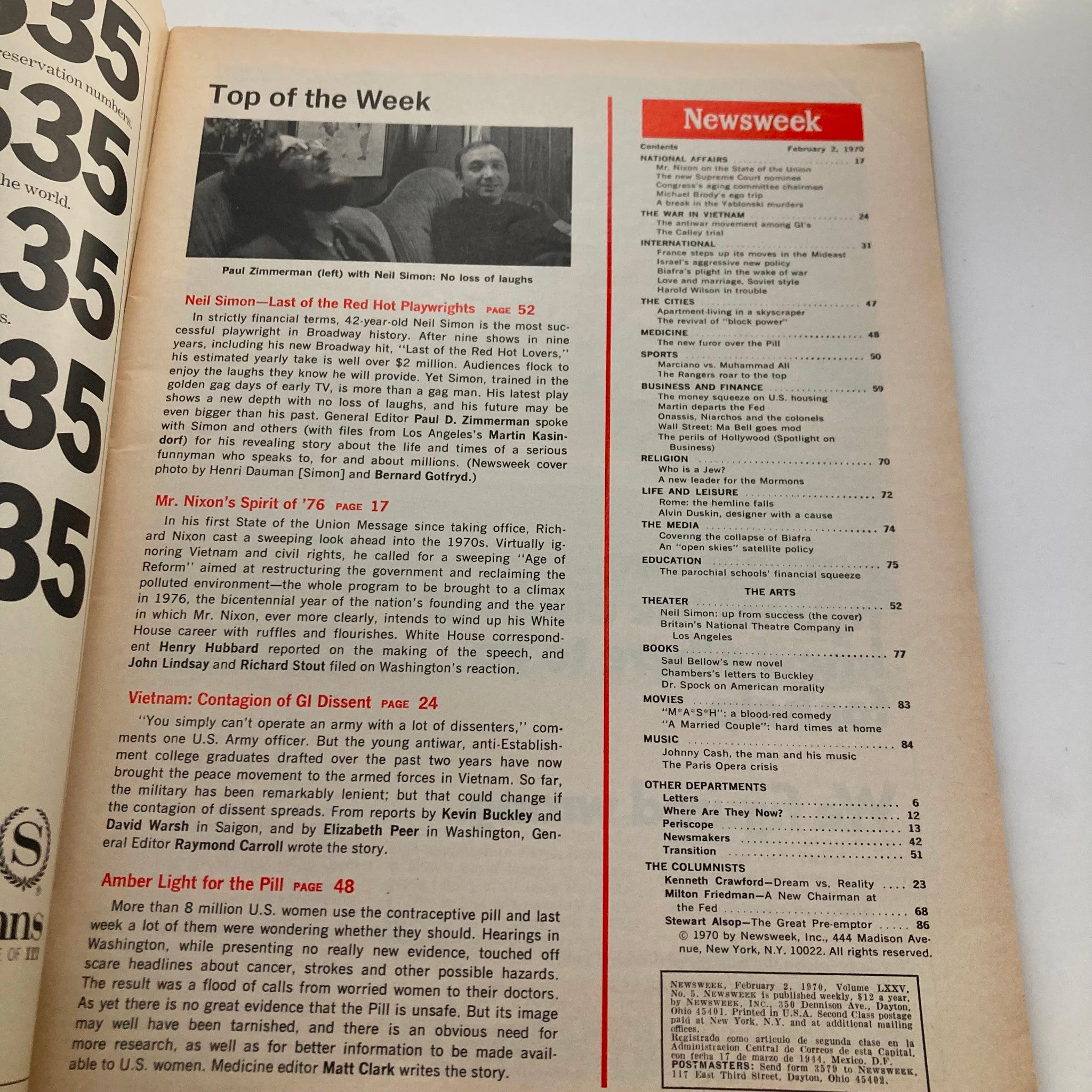 Interior page of VTG Newsweek Magazine February 2 1970 featuring an article about Neil Simon, the red hot playwright, with a photograph and article listings.