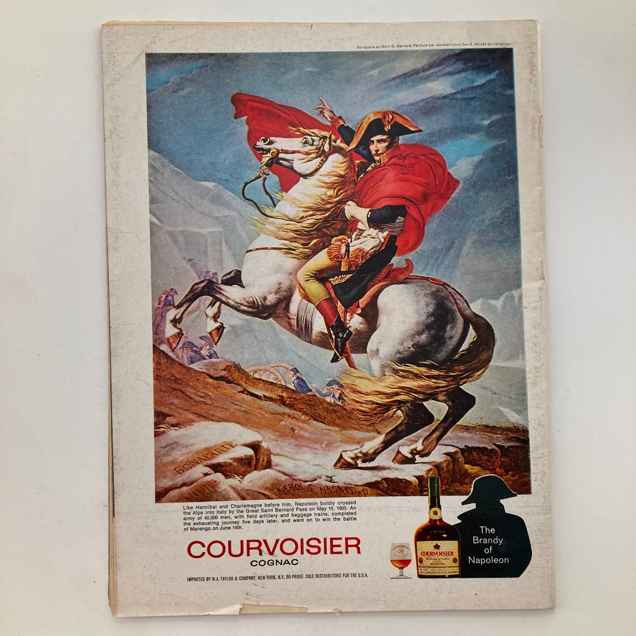 Back cover of VTG Newsweek Magazine February 2 1970 featuring a vintage advertisement for Courvoisier Cognac, depicting an artistic illustration of Napoleon riding a horse.