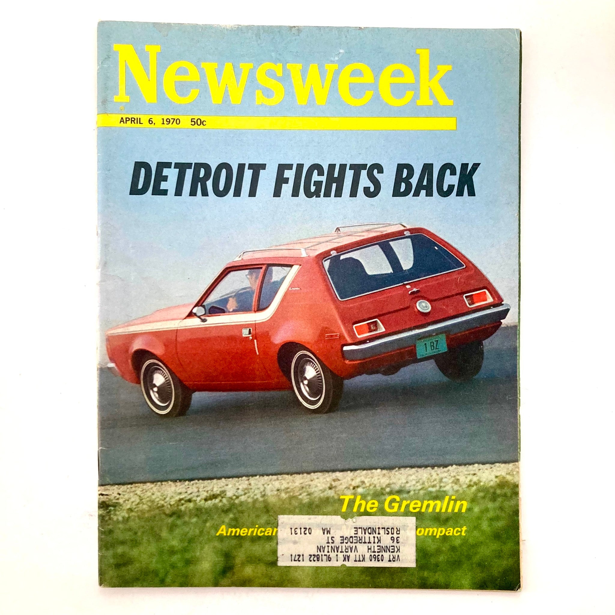 Cover of VTG Newsweek Magazine from April 6, 1970, featuring the headline 'Detroit Fights Back' and an image of the AMC Gremlin car.