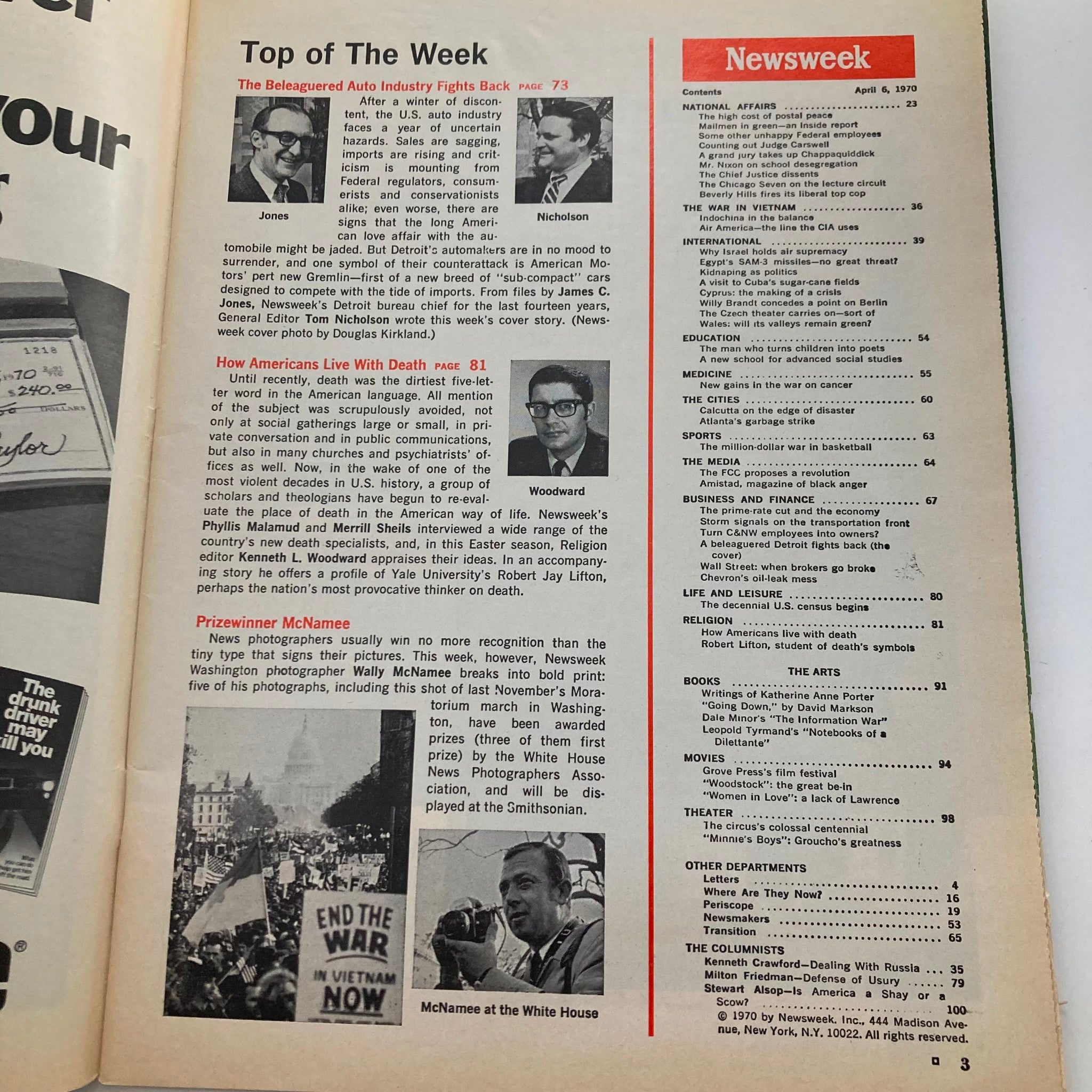 Page from VTG Newsweek Magazine April 6, 1970, highlighting articles including 'The Belaguered Auto Industry Fights Back' and 'How Americans Live With Death'.