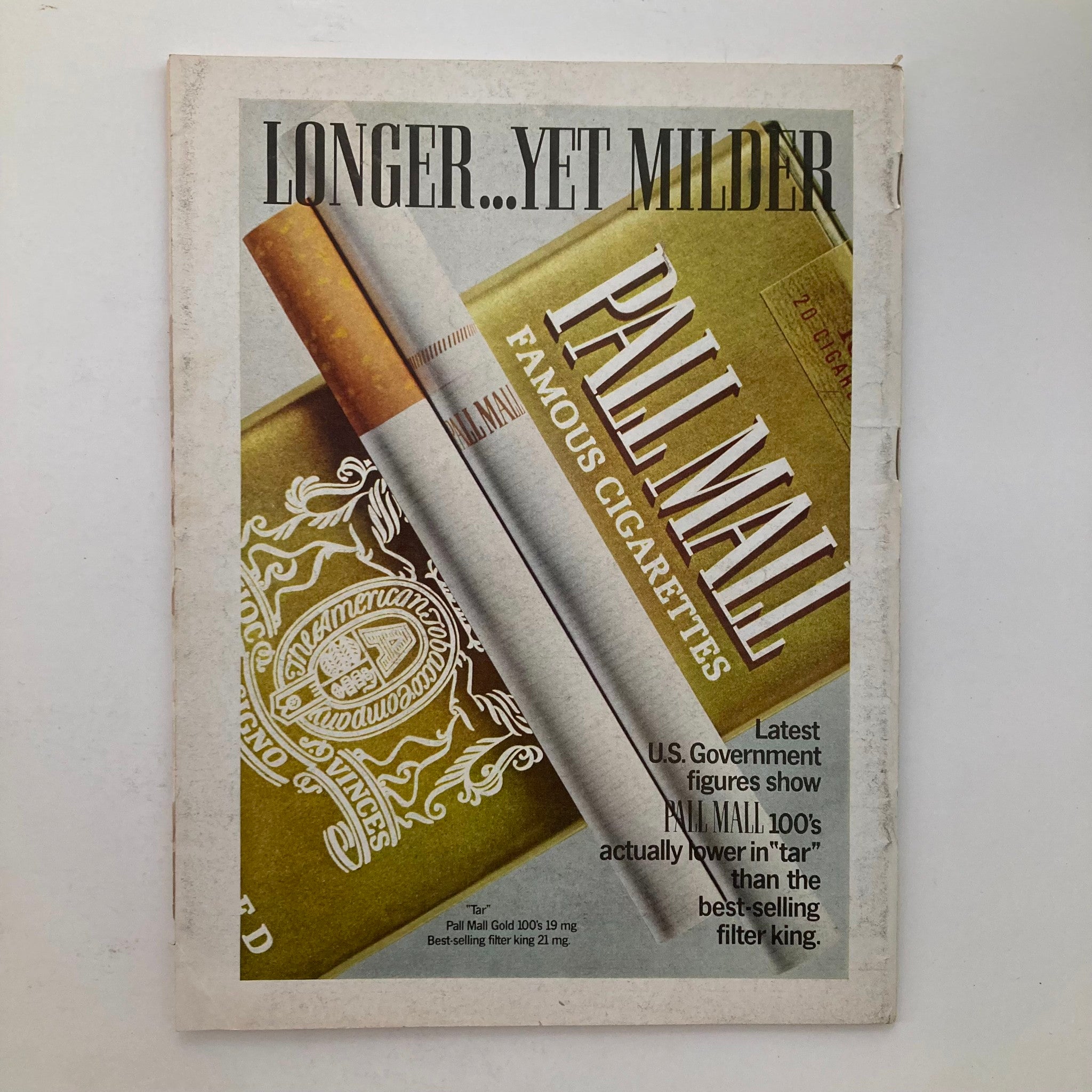 Back cover of VTG Newsweek Magazine April 6, 1970, displaying an advertisement for Pall Mall cigarettes with the tagline 'Longer... Yet Milder'.