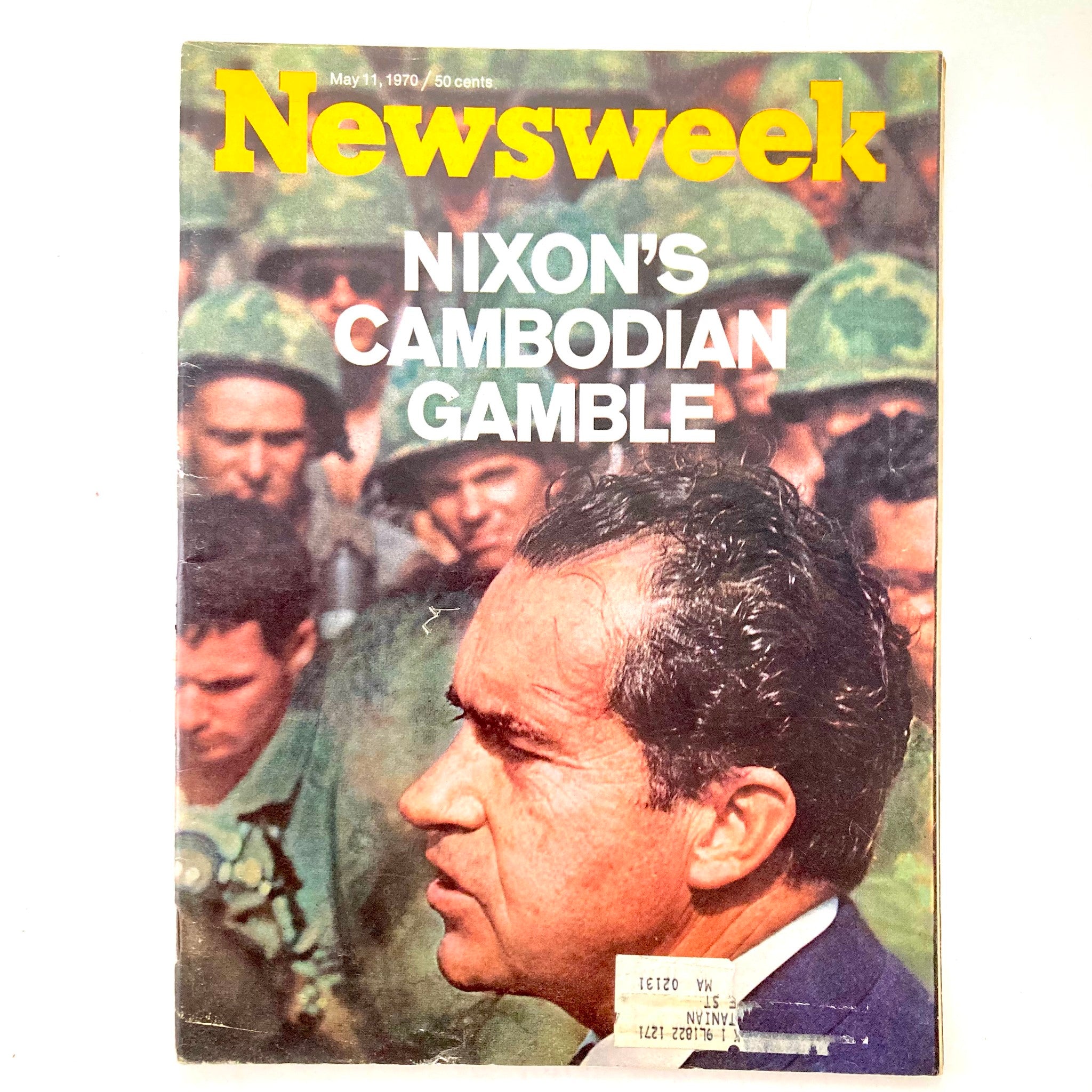 Cover of VTG Newsweek Magazine May 11 1970 featuring Richard Nixon's Cambodian Gamble, showcasing Nixon's profile with a backdrop of military personnel.
